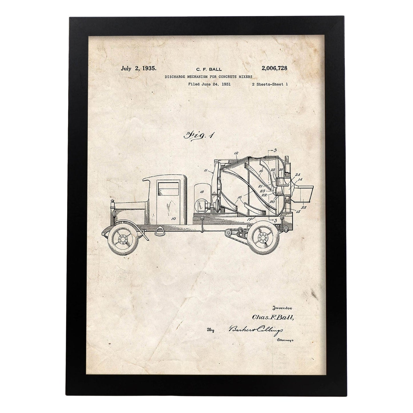 Poster con patente de Camion hormigonera. Lámina con diseño de patente antigua.-Artwork-Nacnic-A3-Marco Negro-Nacnic Estudio SL