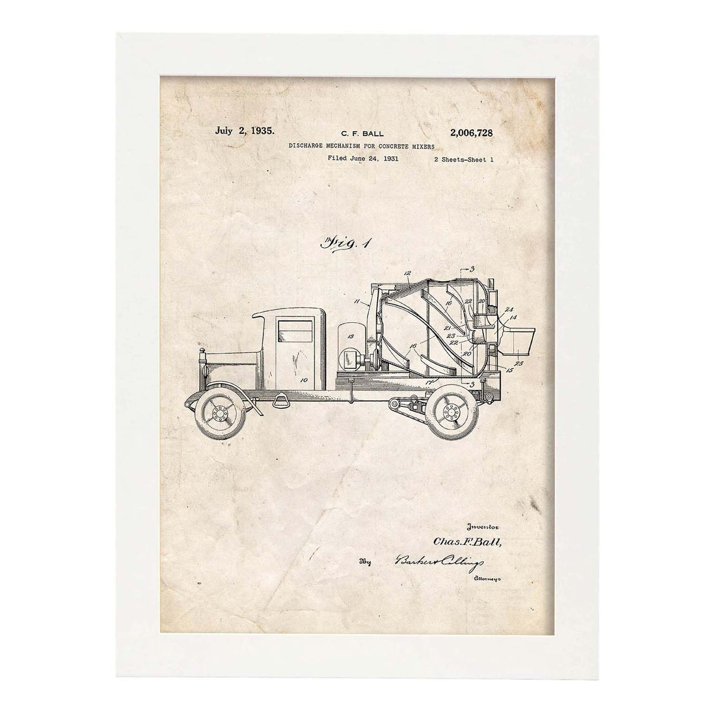 Poster con patente de Camion hormigonera. Lámina con diseño de patente antigua.-Artwork-Nacnic-A4-Marco Blanco-Nacnic Estudio SL