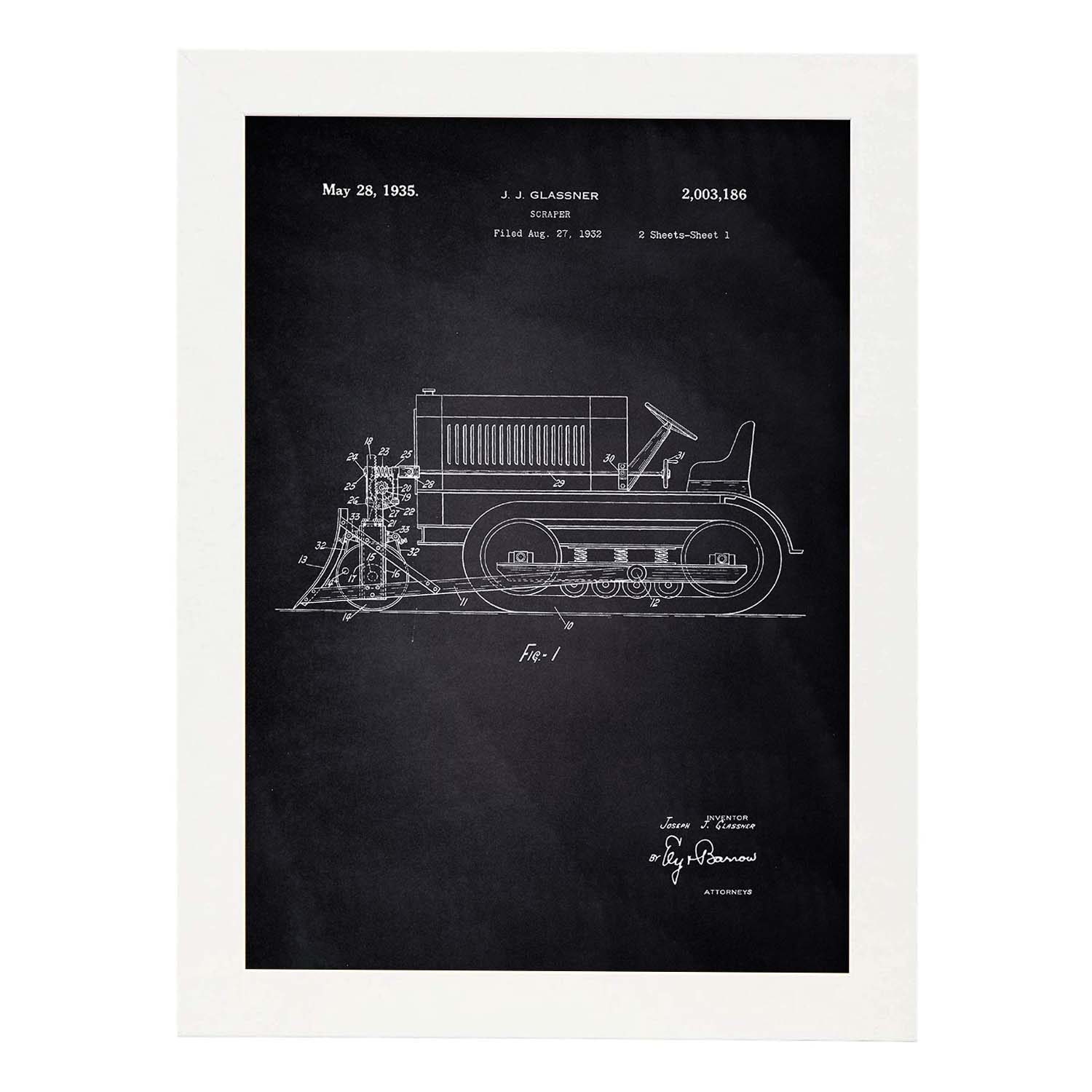 Poster con patente de Camion raspador. Lámina con diseño de patente antigua-Artwork-Nacnic-A4-Marco Blanco-Nacnic Estudio SL