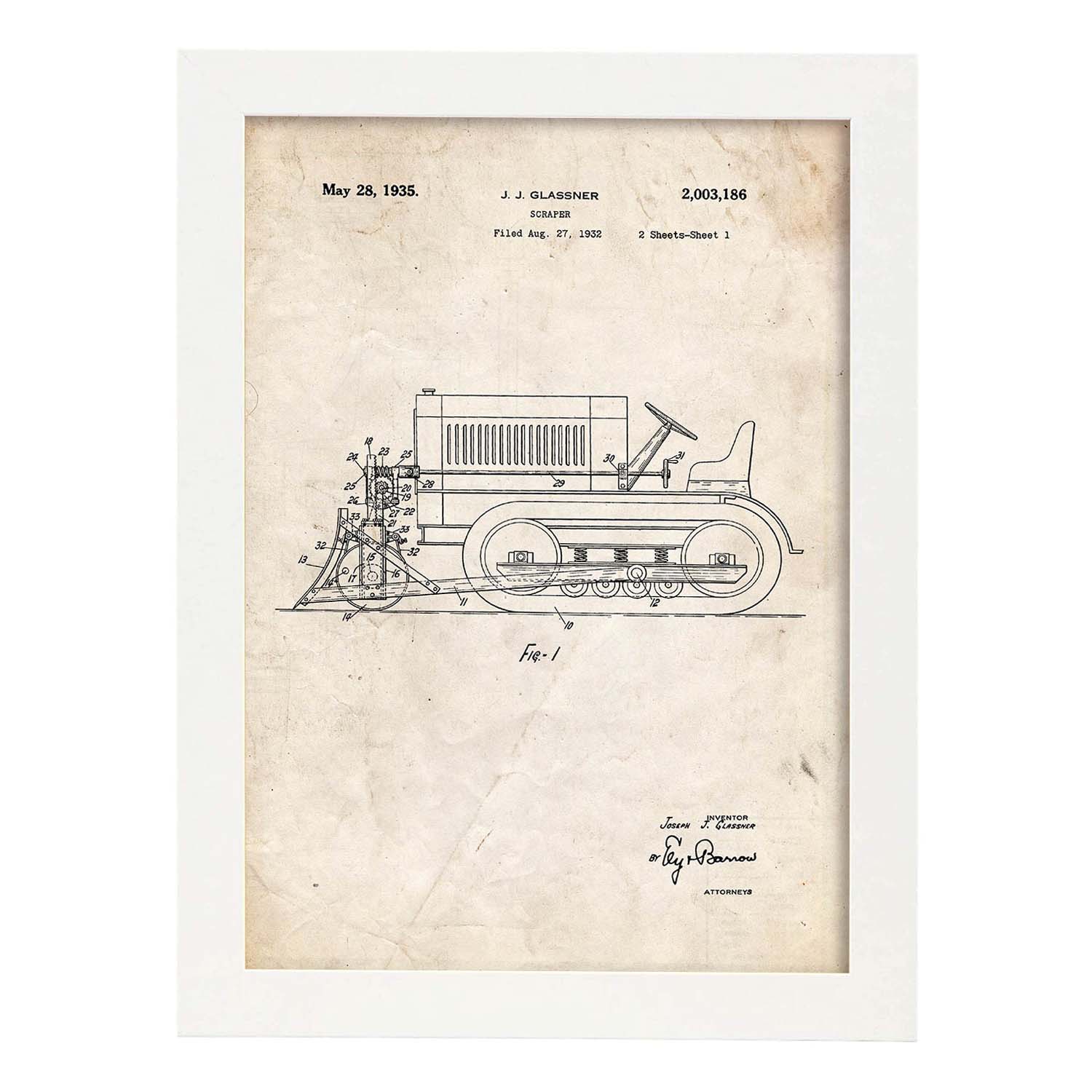 Poster con patente de Camion raspador. Lámina con diseño de patente antigua.-Artwork-Nacnic-A3-Marco Blanco-Nacnic Estudio SL