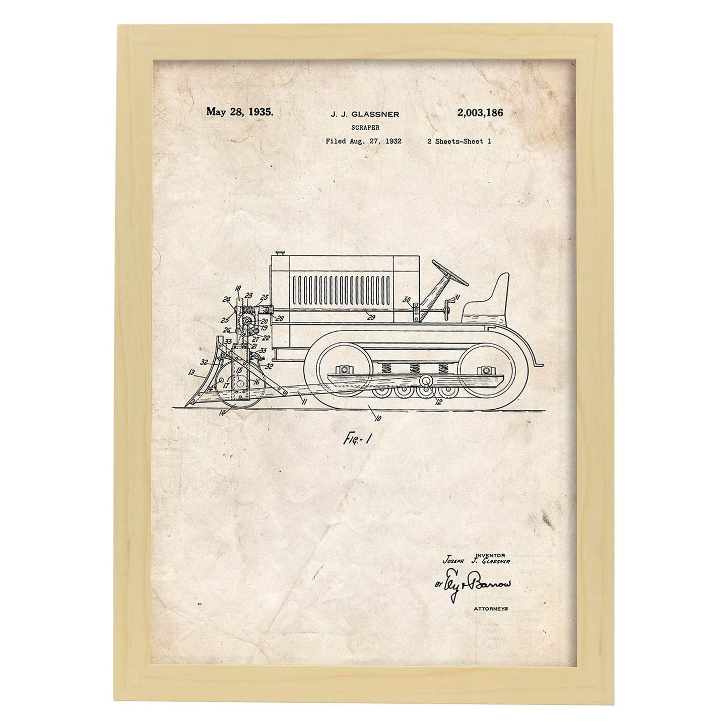 Poster con patente de Camion raspador. Lámina con diseño de patente antigua.-Artwork-Nacnic-A3-Marco Madera clara-Nacnic Estudio SL
