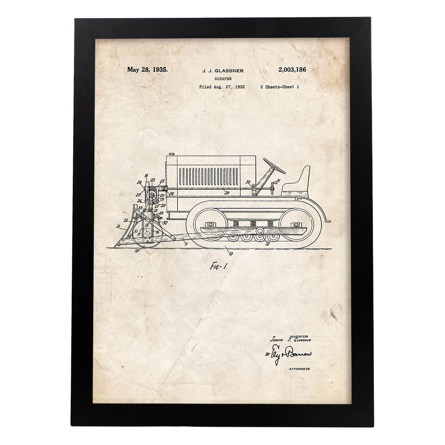 Poster con patente de Camion raspador. Lámina con diseño de patente antigua.-Artwork-Nacnic-A3-Marco Negro-Nacnic Estudio SL
