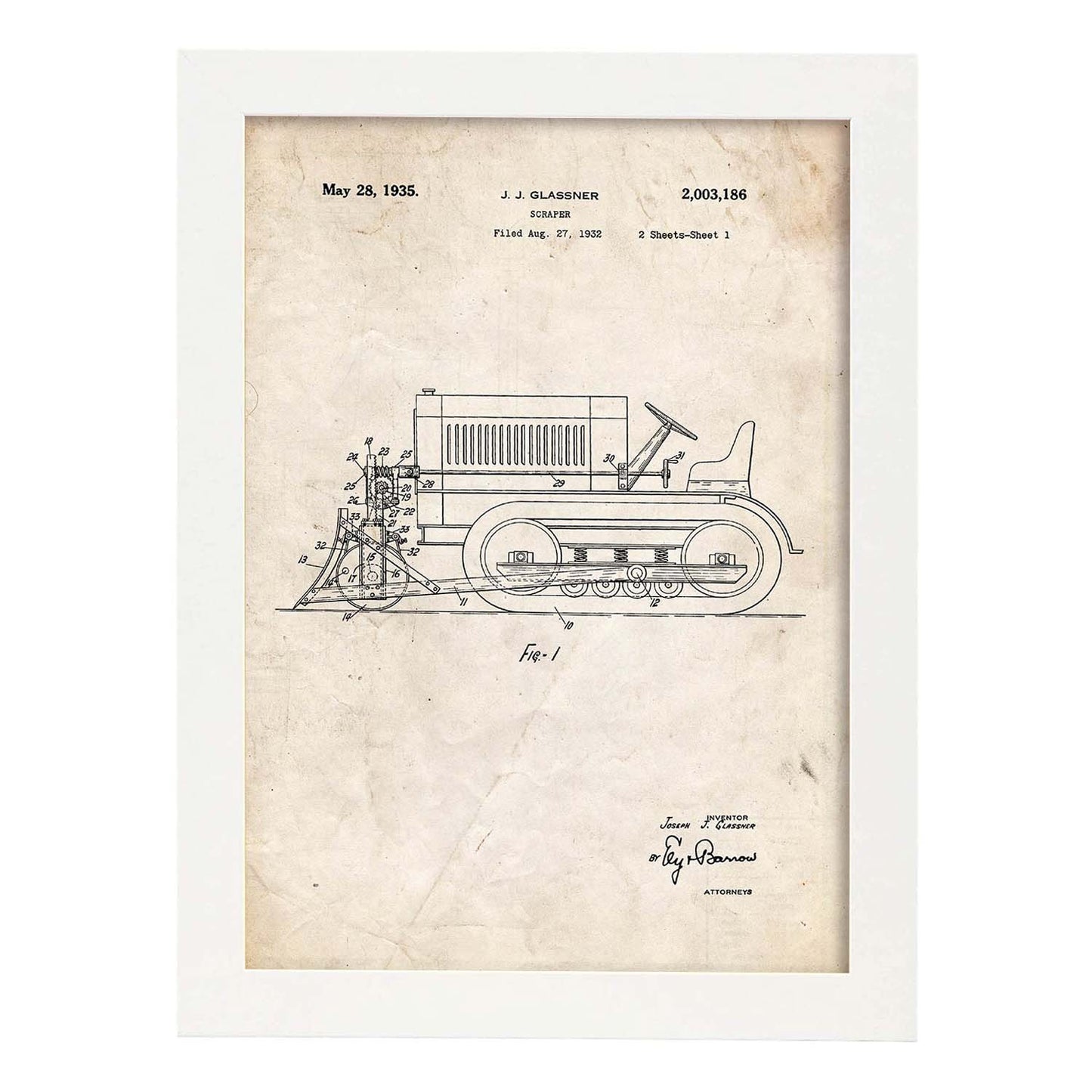 Poster con patente de Camion raspador. Lámina con diseño de patente antigua.-Artwork-Nacnic-A4-Marco Blanco-Nacnic Estudio SL