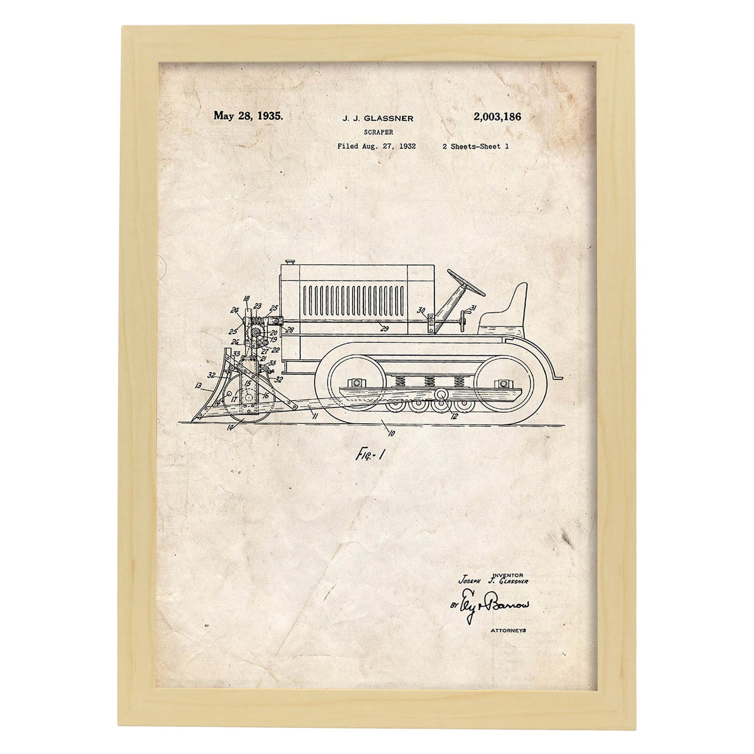 Poster con patente de Camion raspador. Lámina con diseño de patente antigua.-Artwork-Nacnic-A4-Marco Madera clara-Nacnic Estudio SL