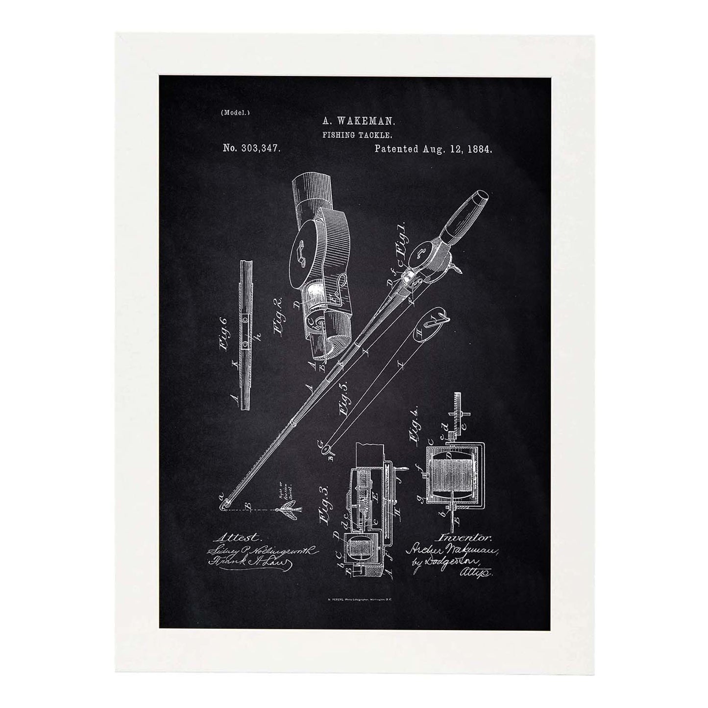 Poster con patente de Caña de pescar. Lámina con diseño de patente antigua-Artwork-Nacnic-A3-Marco Blanco-Nacnic Estudio SL