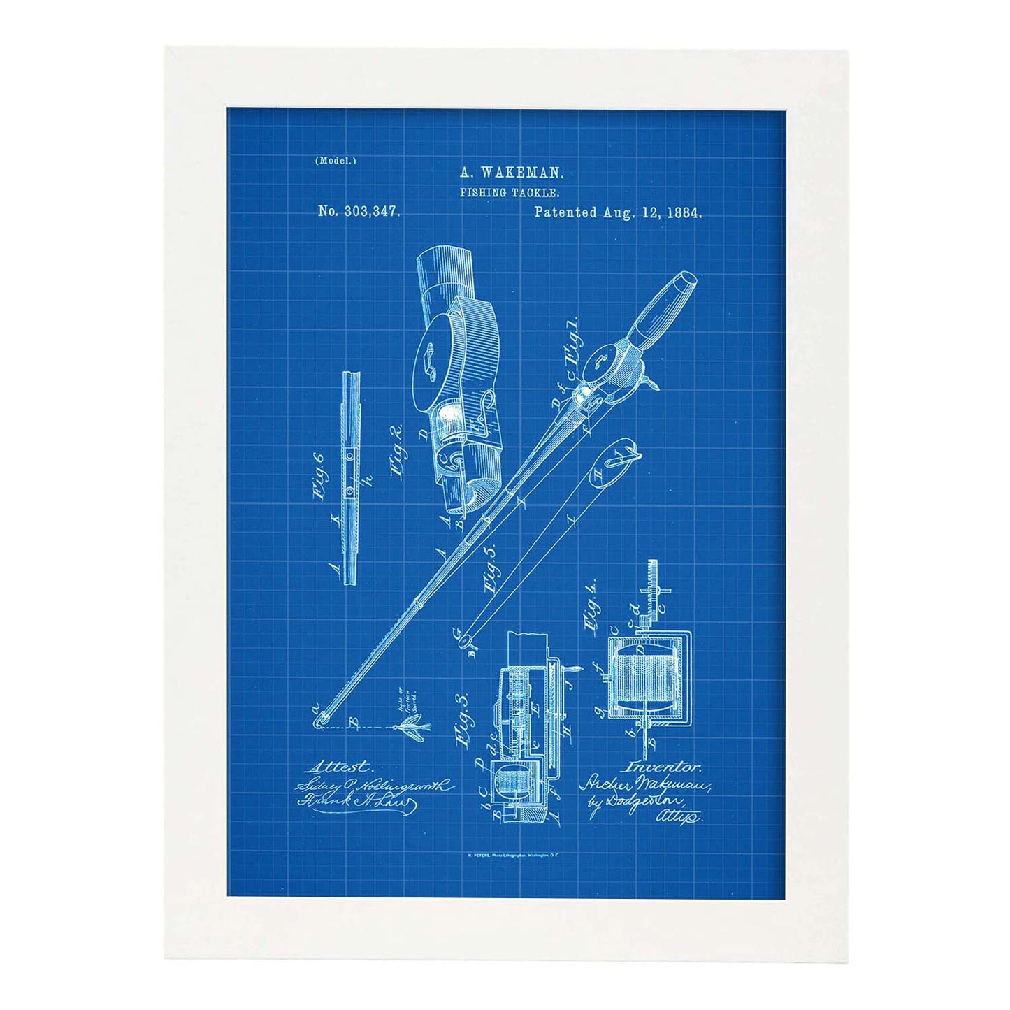 Poster con patente de Caña de pescar. Lámina con diseño de patente antigua-Artwork-Nacnic-A3-Marco Blanco-Nacnic Estudio SL
