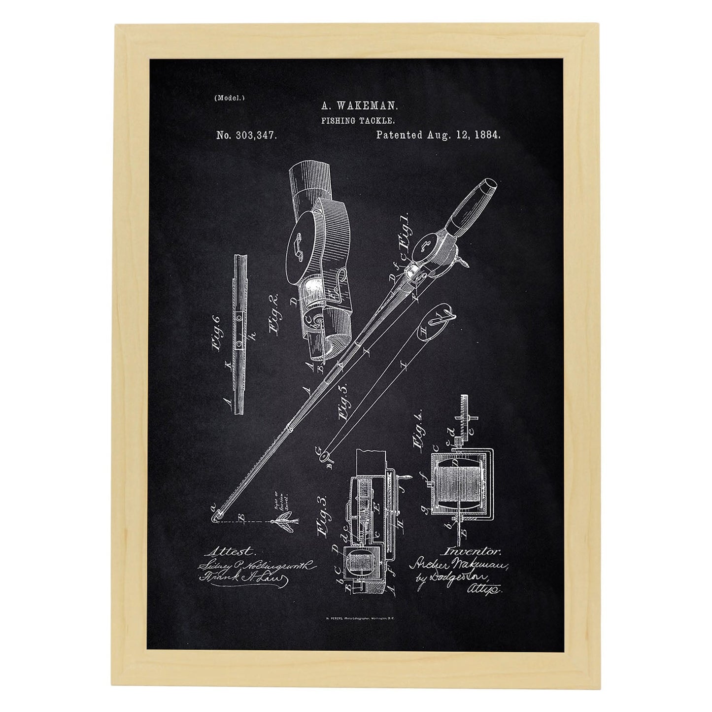 Poster con patente de Caña de pescar. Lámina con diseño de patente antigua-Artwork-Nacnic-A3-Marco Madera clara-Nacnic Estudio SL