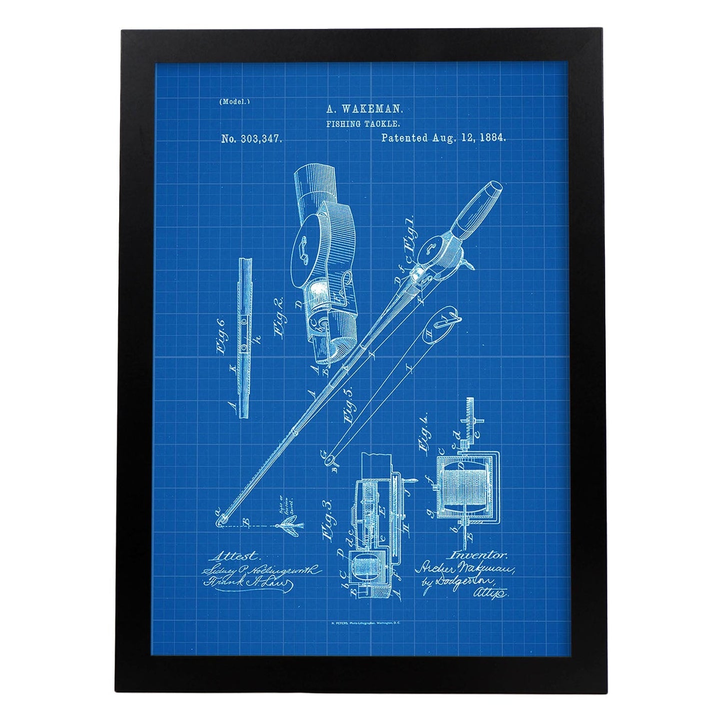 Poster con patente de Caña de pescar. Lámina con diseño de patente antigua-Artwork-Nacnic-A3-Marco Negro-Nacnic Estudio SL