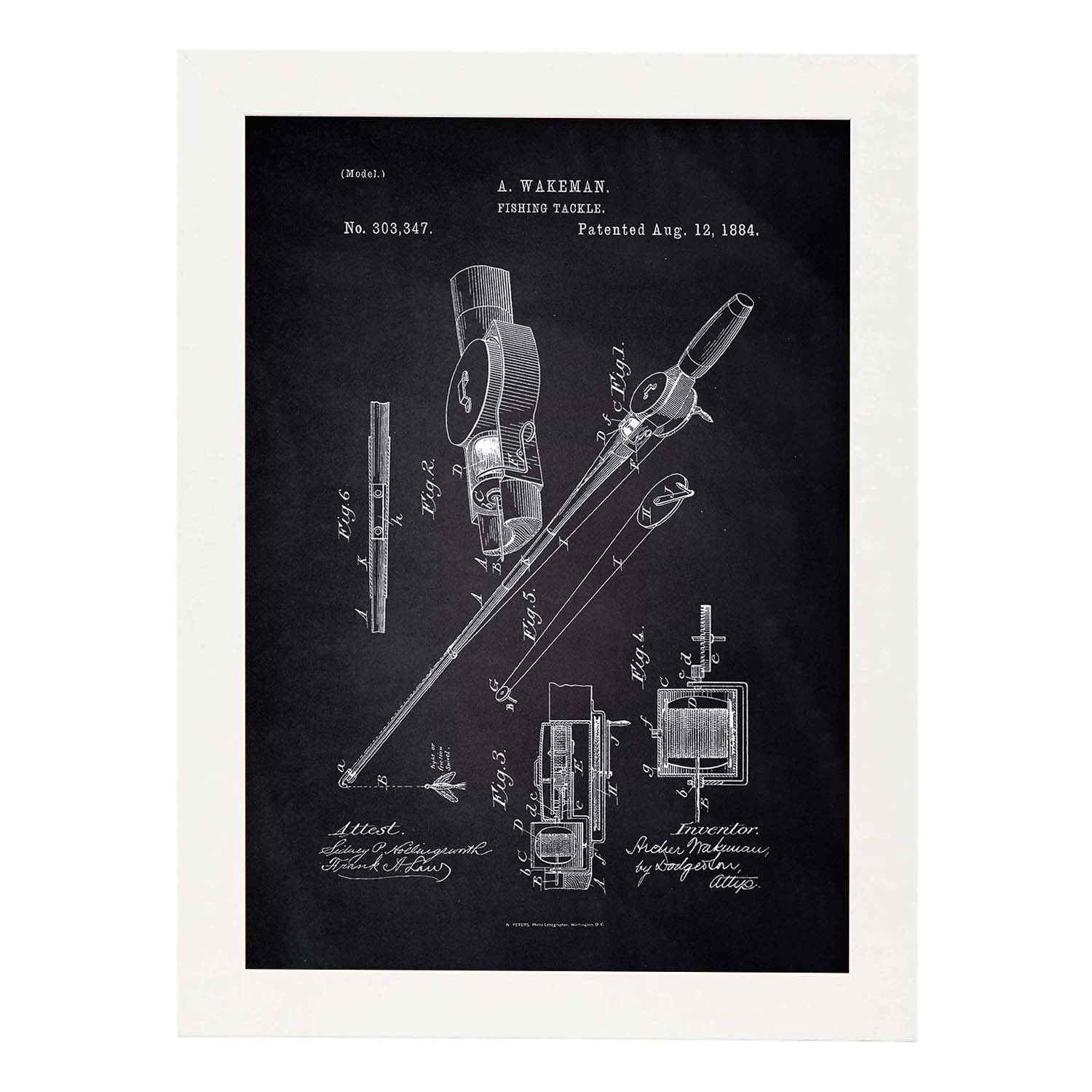 Poster con patente de Caña de pescar. Lámina con diseño de patente antigua-Artwork-Nacnic-A4-Marco Blanco-Nacnic Estudio SL