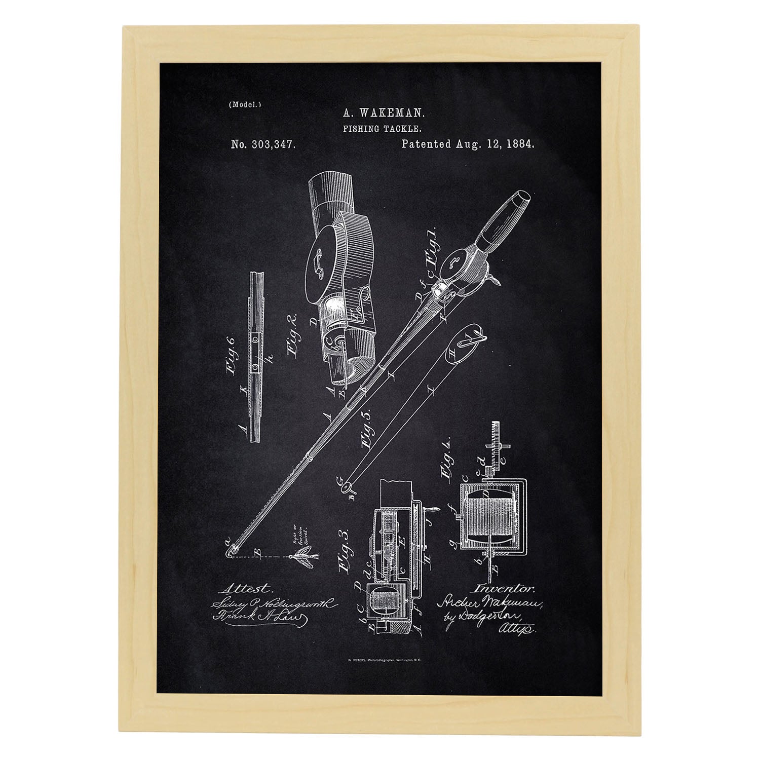 Poster con patente de Caña de pescar. Lámina con diseño de patente antigua-Artwork-Nacnic-A4-Marco Madera clara-Nacnic Estudio SL
