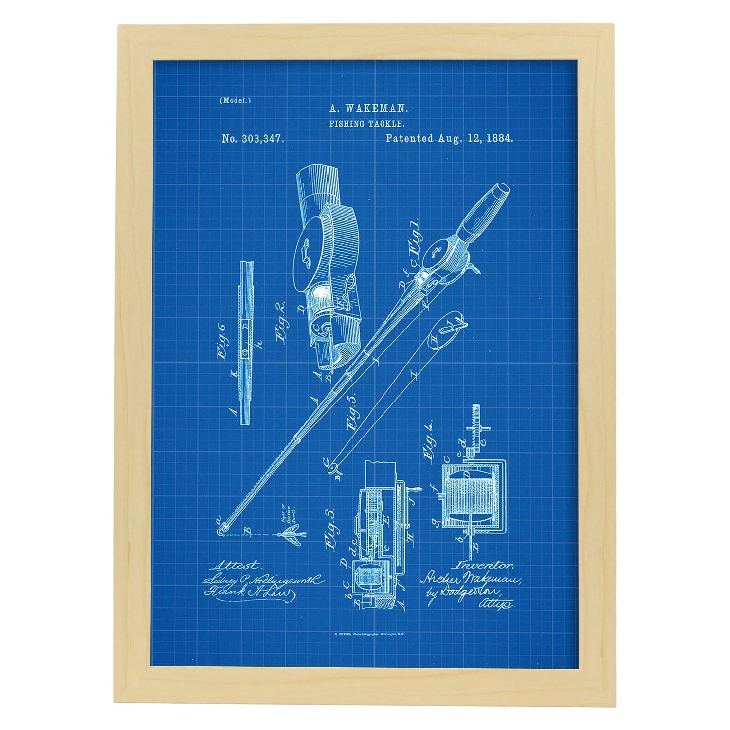 Poster con patente de Caña de pescar. Lámina con diseño de patente antigua-Artwork-Nacnic-A4-Marco Madera clara-Nacnic Estudio SL