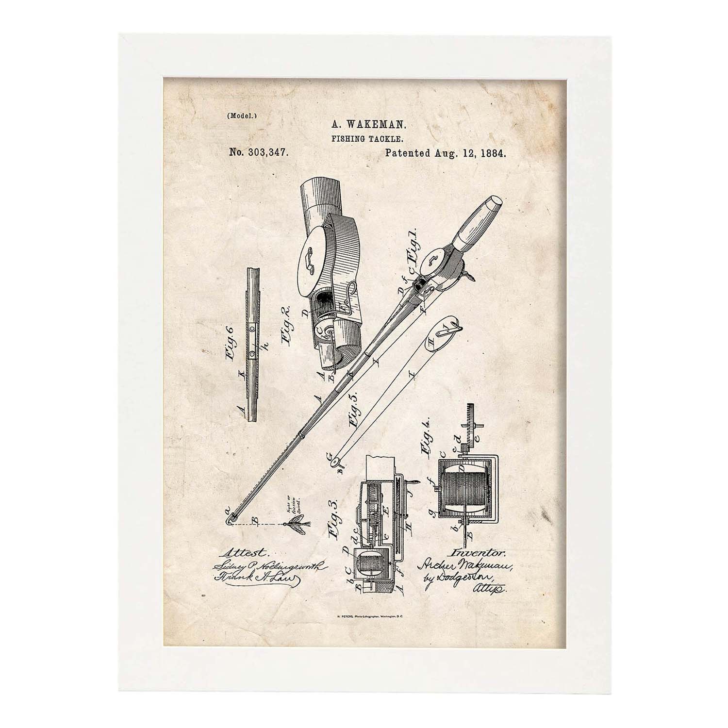 Poster con patente de Caña de pescar. Lámina con diseño de patente antigua.-Artwork-Nacnic-A3-Marco Blanco-Nacnic Estudio SL