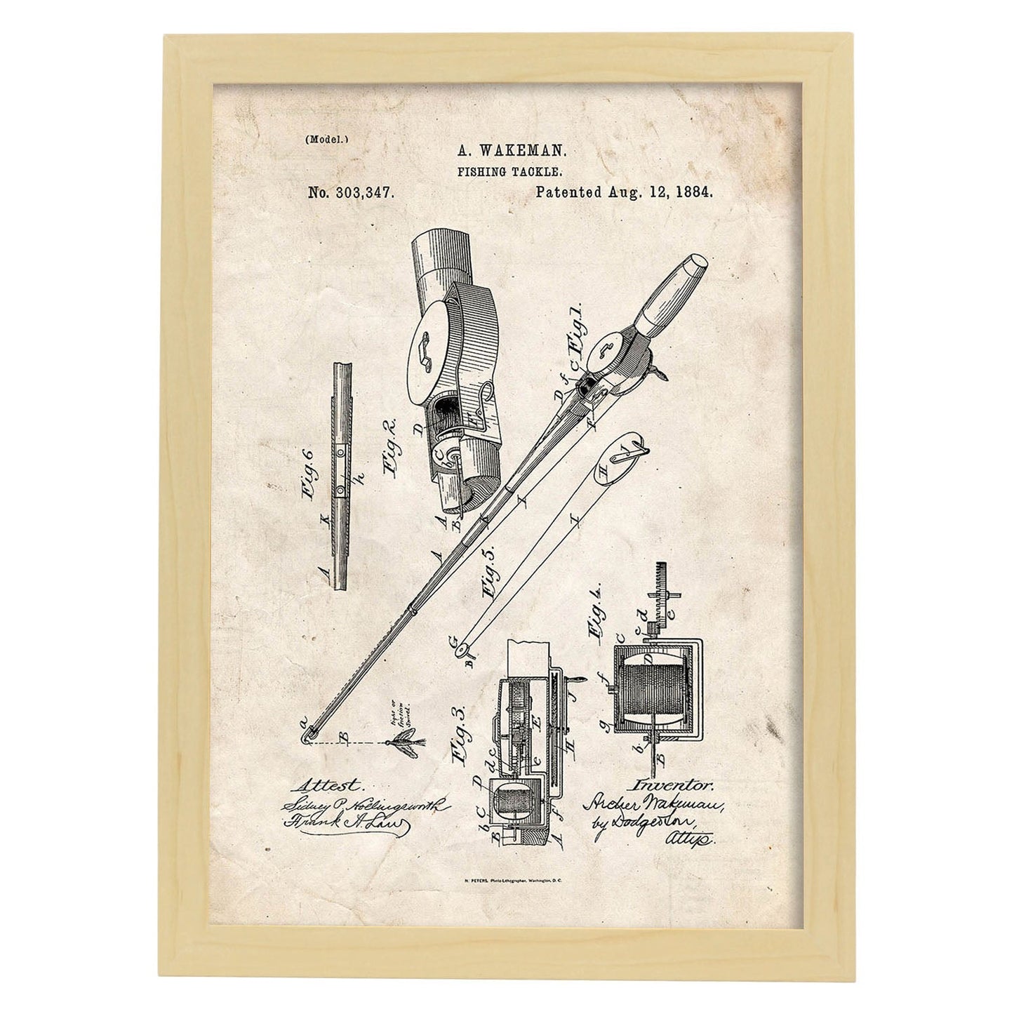 Poster con patente de Caña de pescar. Lámina con diseño de patente antigua.-Artwork-Nacnic-A3-Marco Madera clara-Nacnic Estudio SL