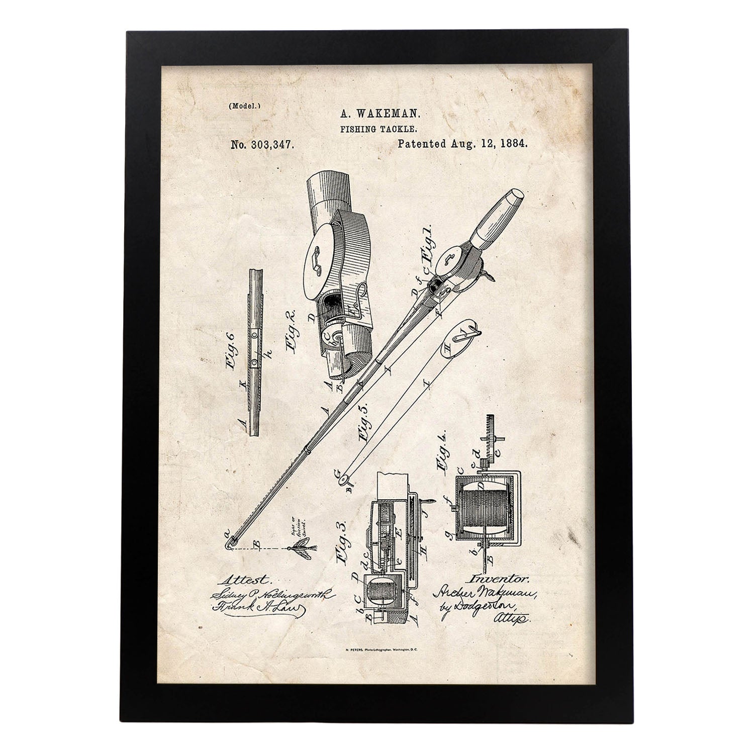 Poster con patente de Caña de pescar. Lámina con diseño de patente antigua.-Artwork-Nacnic-A3-Marco Negro-Nacnic Estudio SL