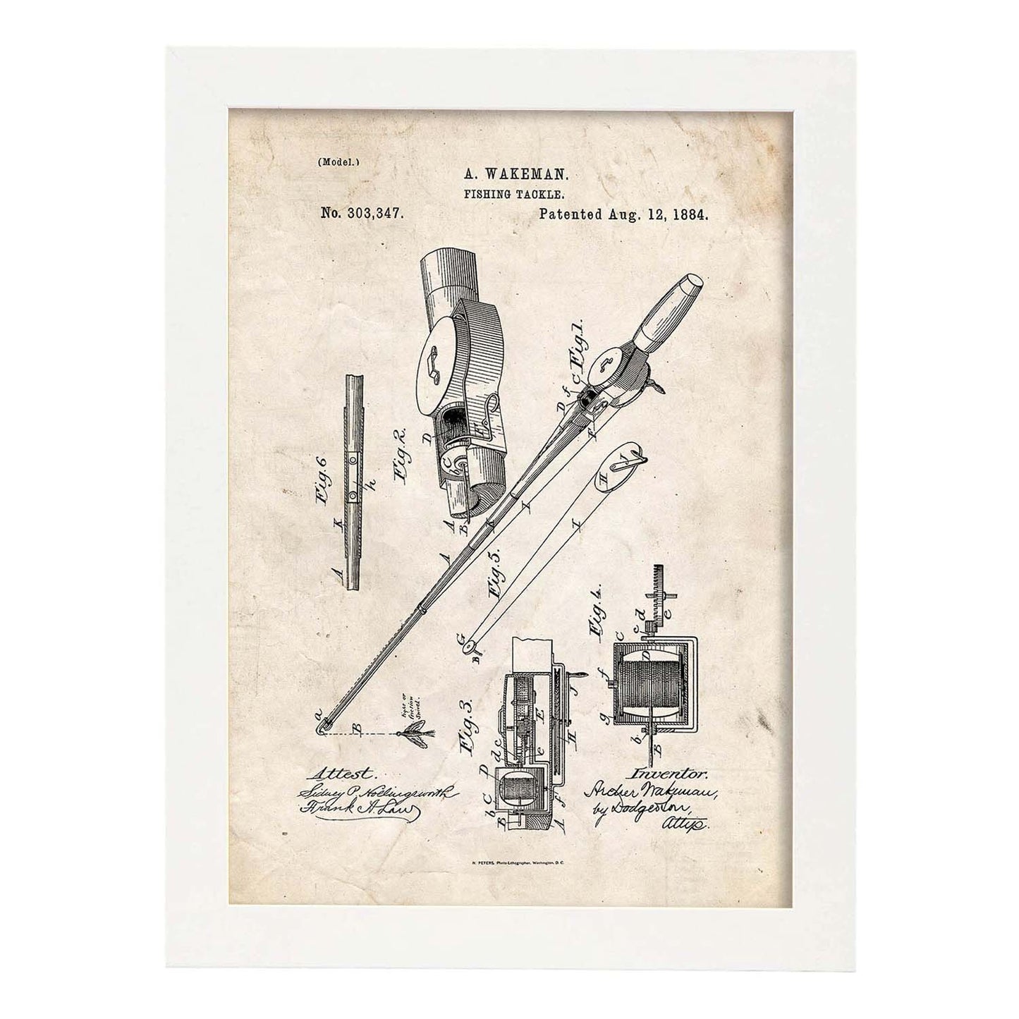 Poster con patente de Caña de pescar. Lámina con diseño de patente antigua.-Artwork-Nacnic-A4-Marco Blanco-Nacnic Estudio SL