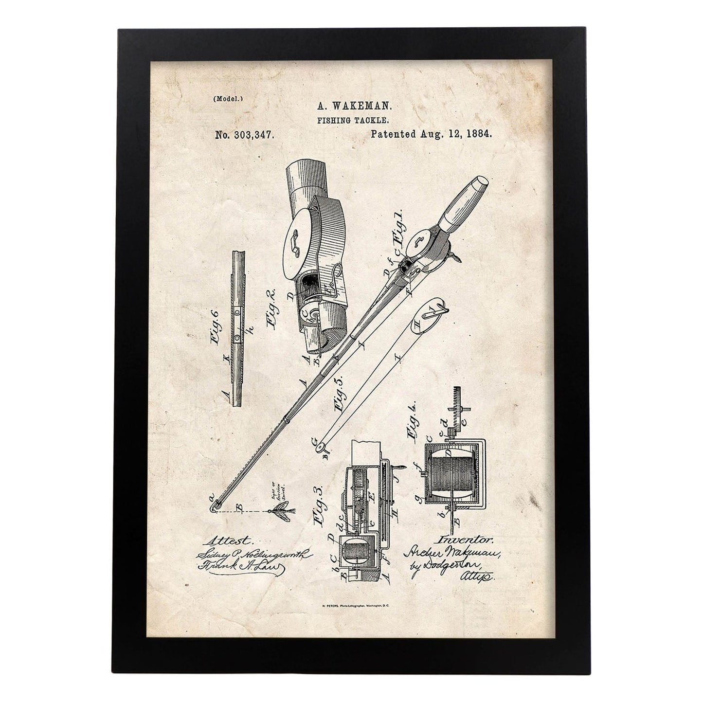 Poster con patente de Caña de pescar. Lámina con diseño de patente antigua.-Artwork-Nacnic-A4-Marco Negro-Nacnic Estudio SL