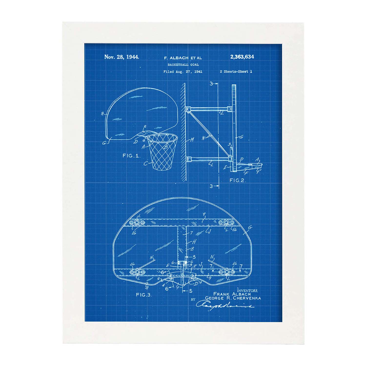 Poster con patente de Canasta baloncesto. Lámina con diseño de patente antigua-Artwork-Nacnic-A3-Marco Blanco-Nacnic Estudio SL