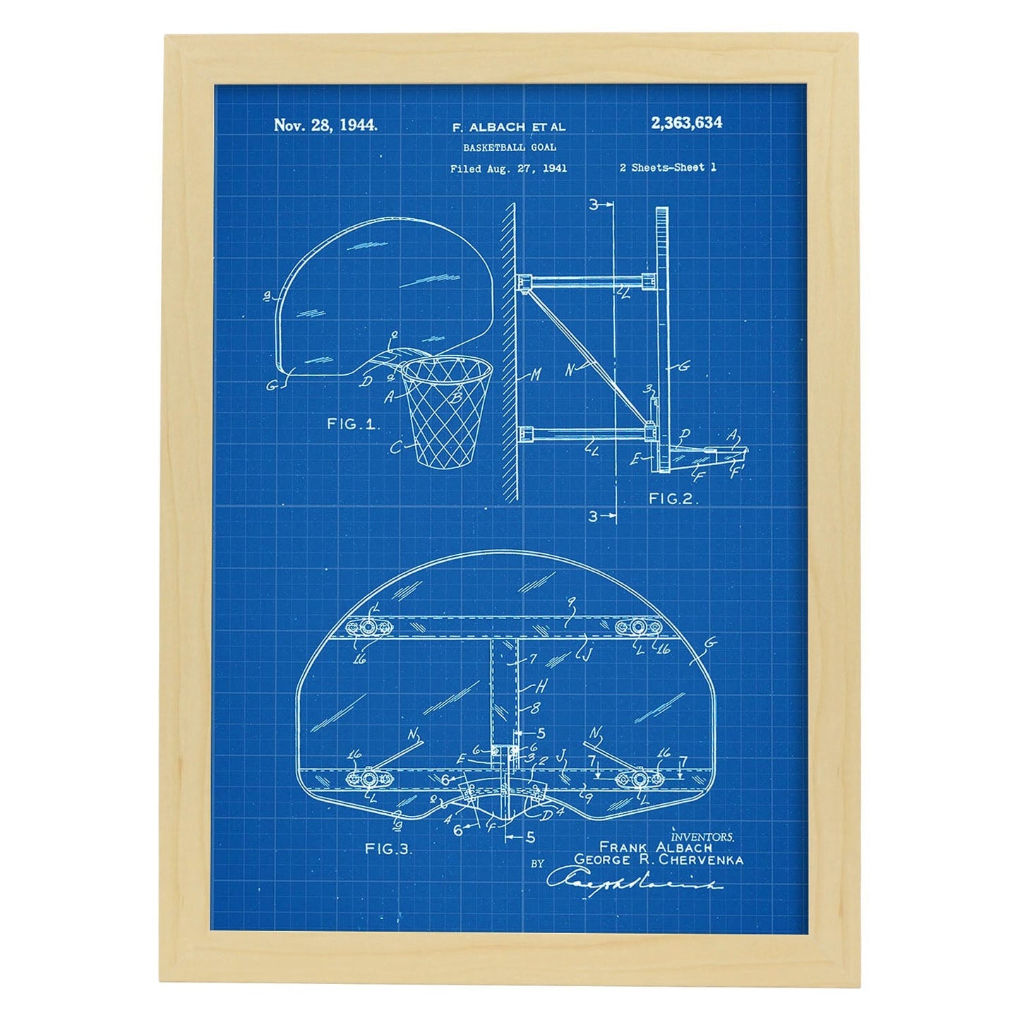 Poster con patente de Canasta baloncesto. Lámina con diseño de patente antigua-Artwork-Nacnic-A3-Marco Madera clara-Nacnic Estudio SL