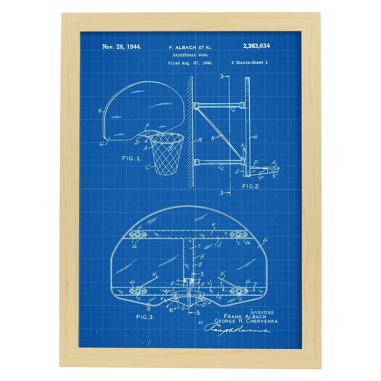 Poster con patente de Canasta baloncesto. Lámina con diseño de patente antigua-Artwork-Nacnic-A3-Marco Madera clara-Nacnic Estudio SL