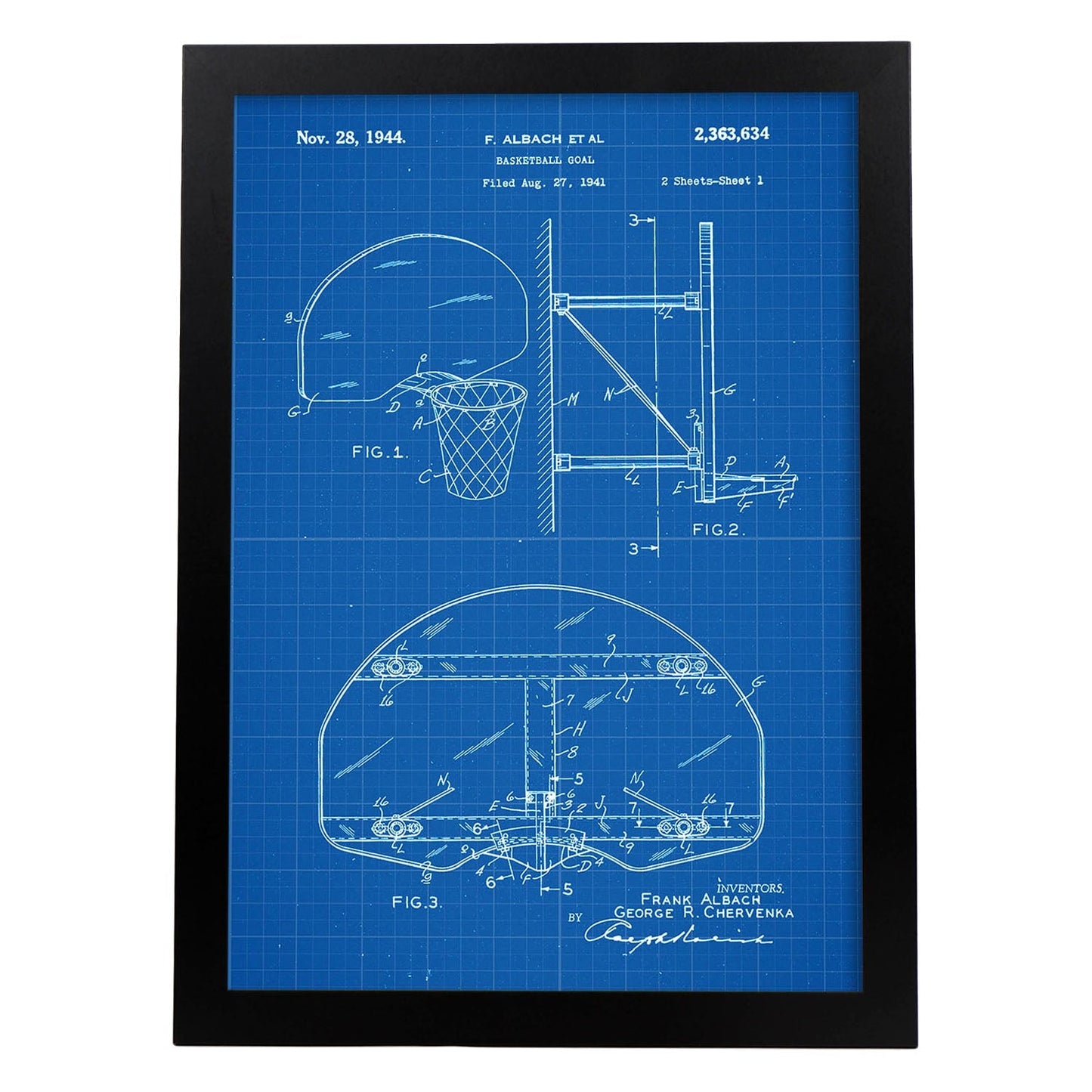 Poster con patente de Canasta baloncesto. Lámina con diseño de patente antigua-Artwork-Nacnic-A3-Marco Negro-Nacnic Estudio SL