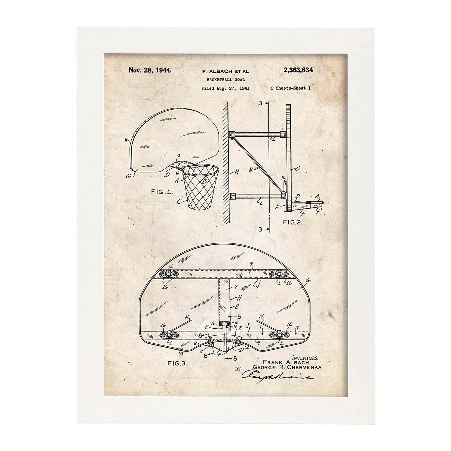 Poster con patente de Canasta baloncesto. Lámina con diseño de patente antigua.-Artwork-Nacnic-A3-Marco Blanco-Nacnic Estudio SL