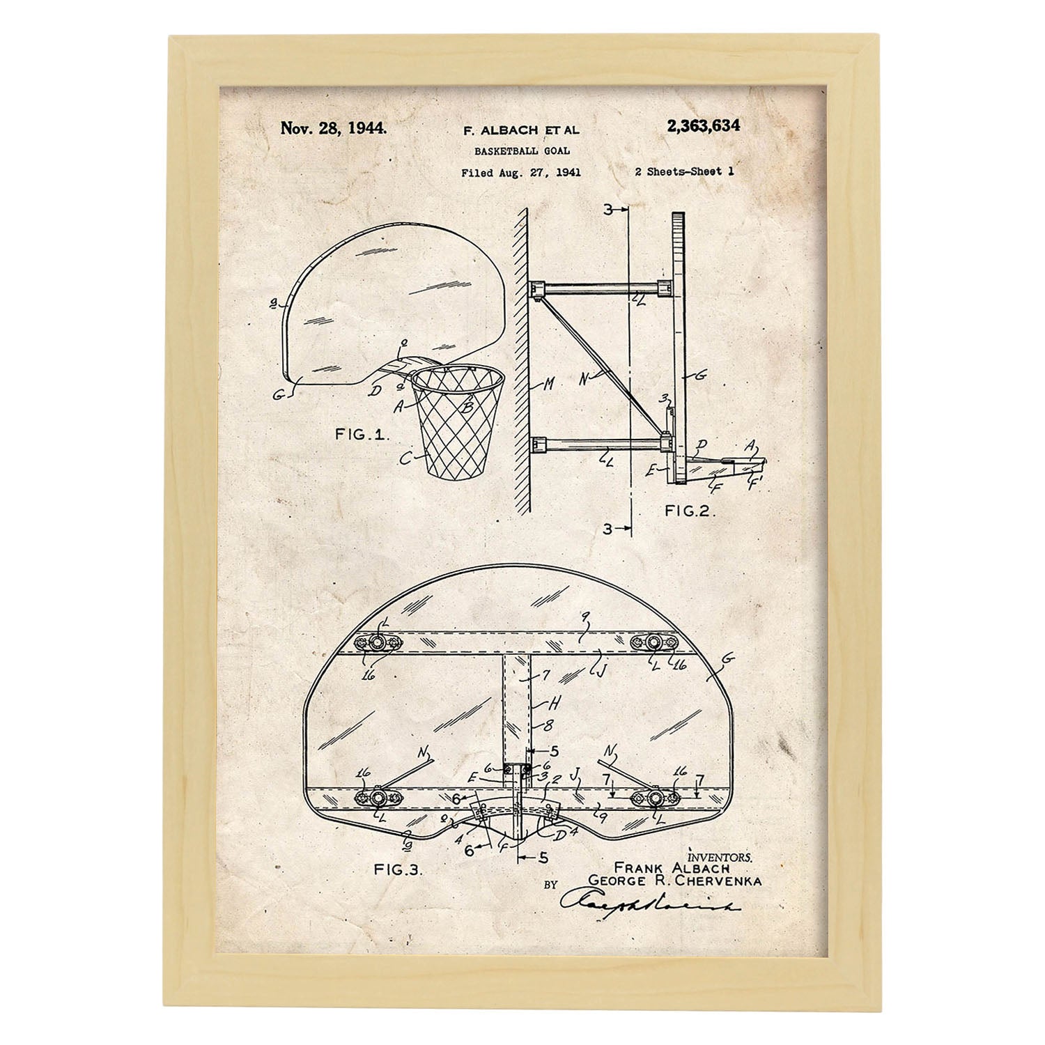 Poster con patente de Canasta baloncesto. Lámina con diseño de patente antigua.-Artwork-Nacnic-A3-Marco Madera clara-Nacnic Estudio SL