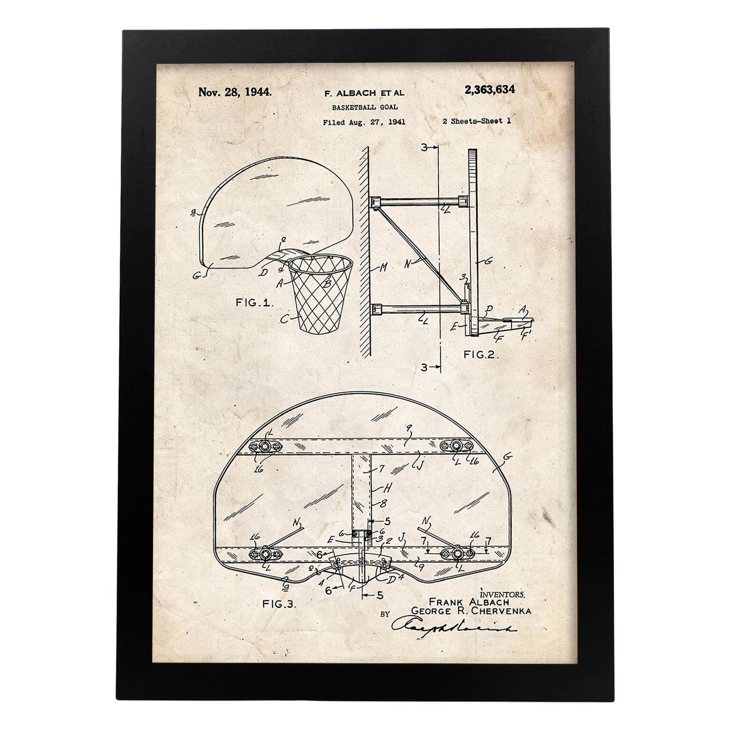Poster con patente de Canasta baloncesto. Lámina con diseño de patente antigua.-Artwork-Nacnic-A3-Marco Negro-Nacnic Estudio SL