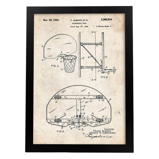 Poster con patente de Canasta baloncesto. Lámina con diseño de patente antigua.-Artwork-Nacnic-A4-Marco Negro-Nacnic Estudio SL