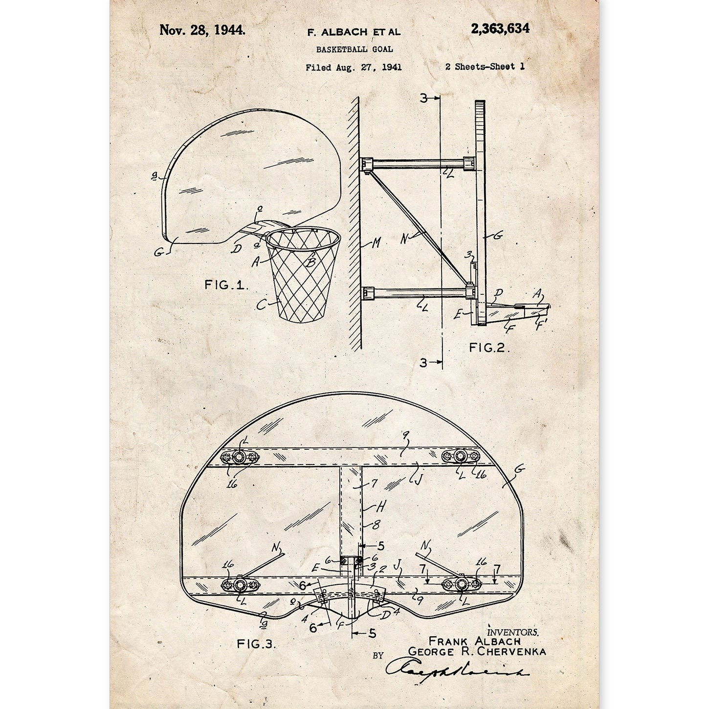 Poster con patente de Canasta baloncesto. Lámina con diseño de patente antigua.-Artwork-Nacnic-A4-Sin marco-Nacnic Estudio SL