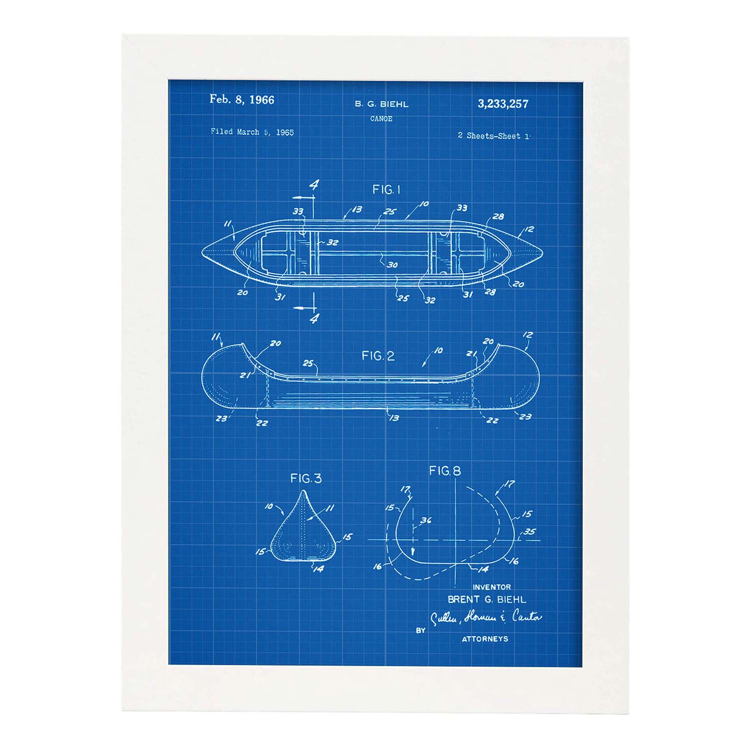 Poster con patente de Canoa 1. Lámina con diseño de patente antigua-Artwork-Nacnic-A3-Marco Blanco-Nacnic Estudio SL
