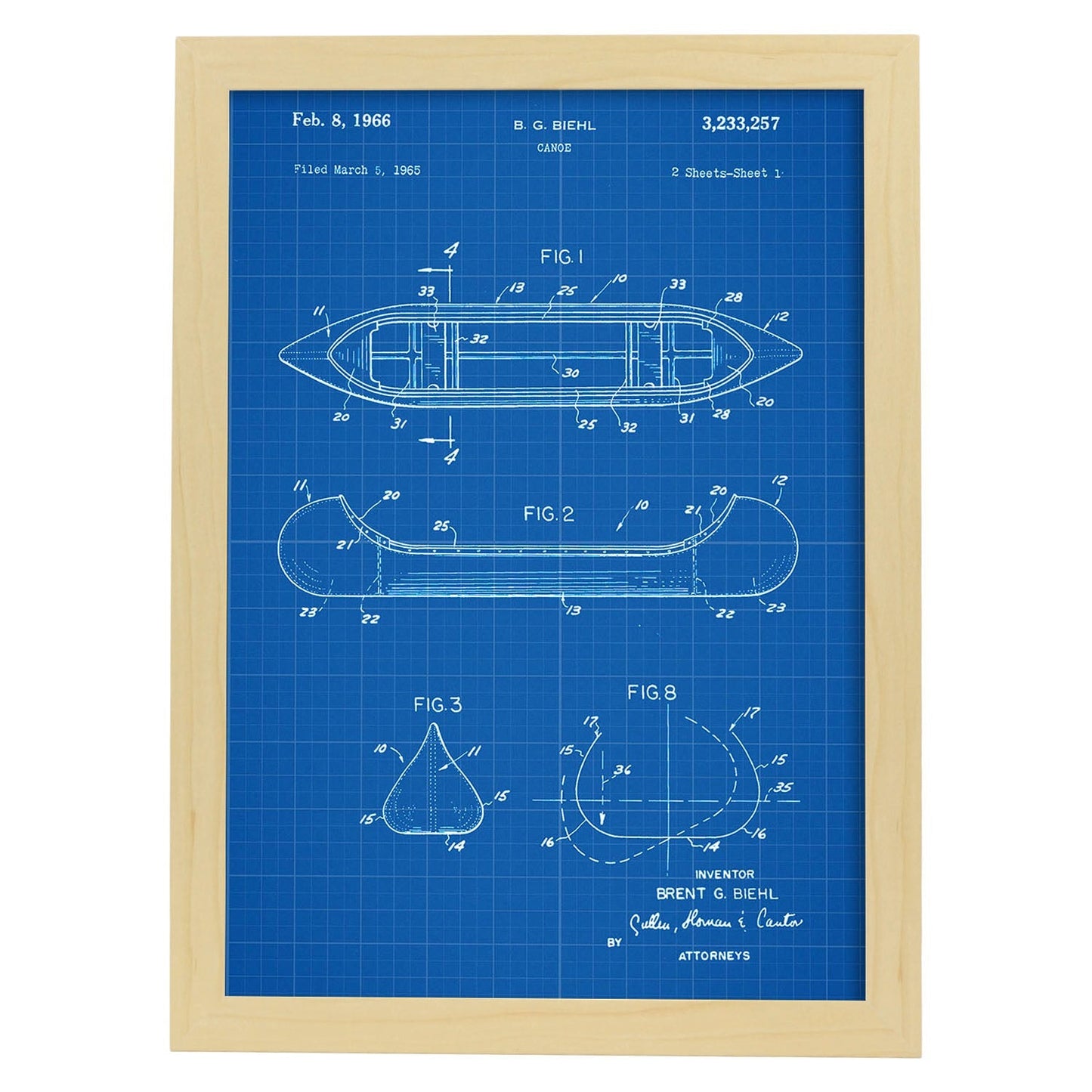 Poster con patente de Canoa 1. Lámina con diseño de patente antigua-Artwork-Nacnic-A3-Marco Madera clara-Nacnic Estudio SL