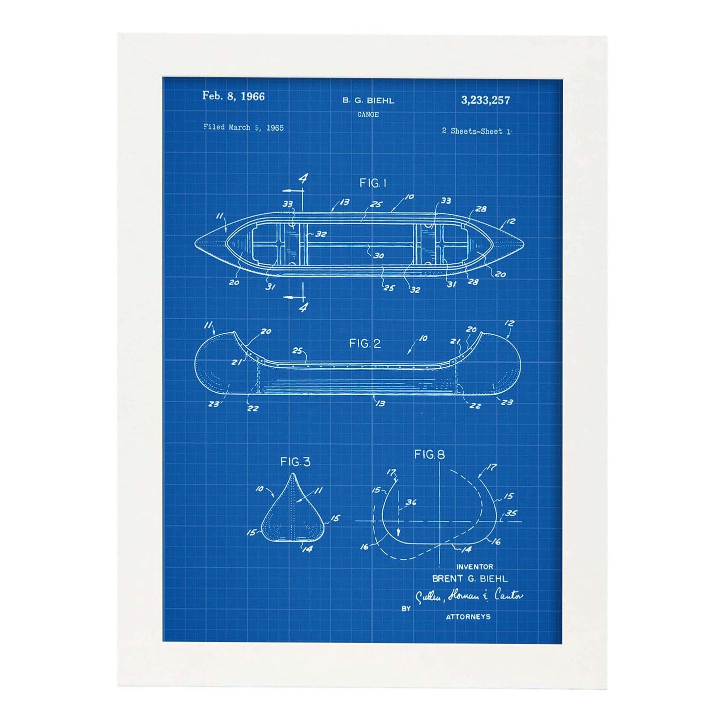 Poster con patente de Canoa 1. Lámina con diseño de patente antigua-Artwork-Nacnic-A4-Marco Blanco-Nacnic Estudio SL
