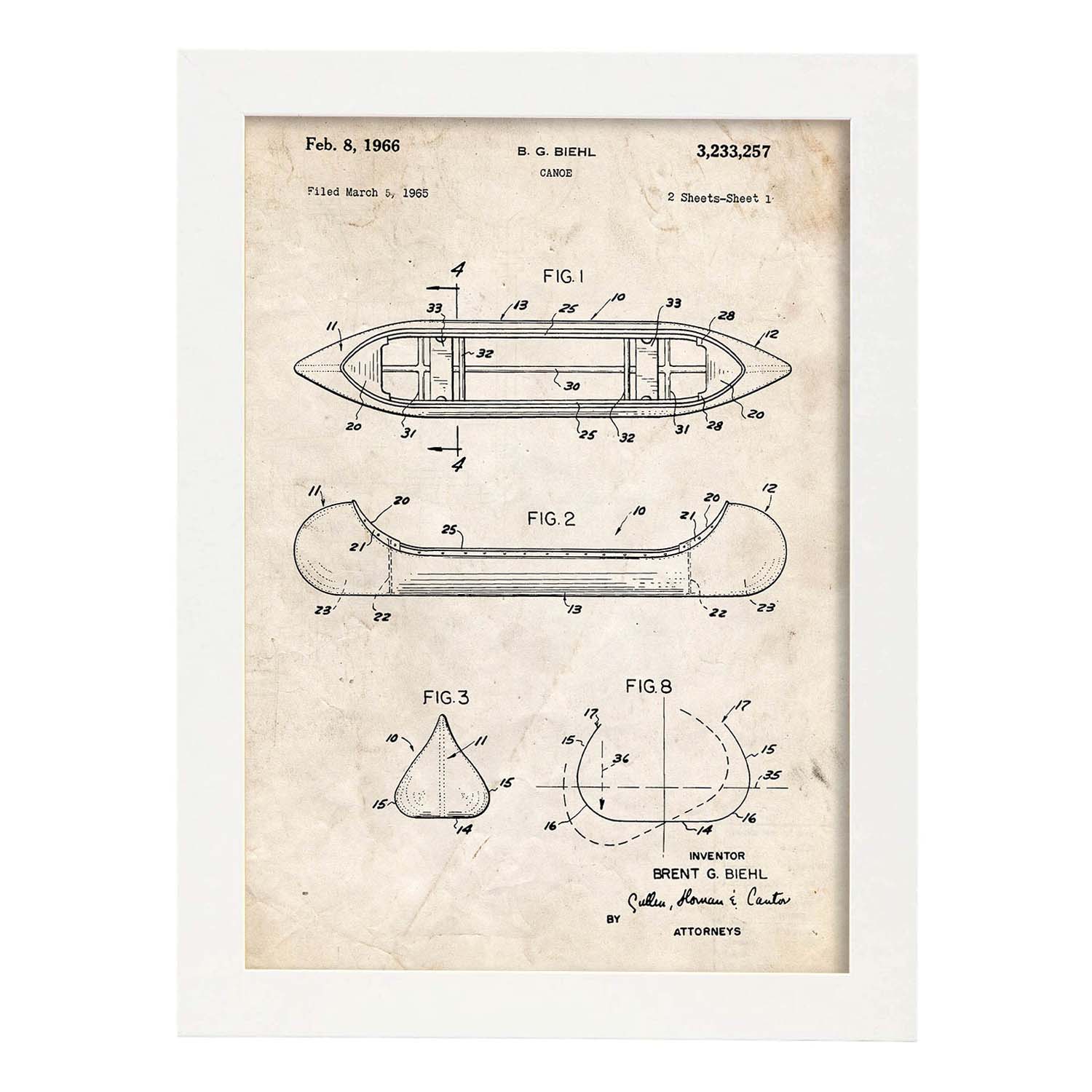 Poster con patente de Canoa 1. Lámina con diseño de patente antigua.-Artwork-Nacnic-A3-Marco Blanco-Nacnic Estudio SL
