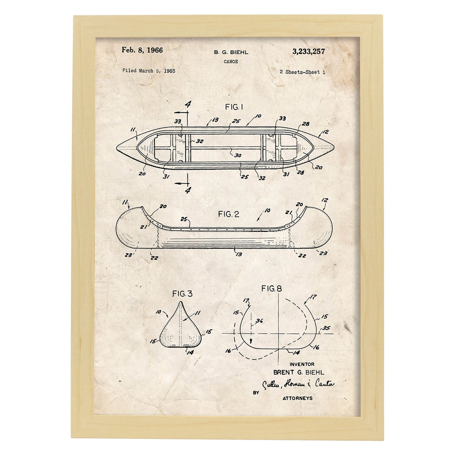 Poster con patente de Canoa 1. Lámina con diseño de patente antigua.-Artwork-Nacnic-A3-Marco Madera clara-Nacnic Estudio SL