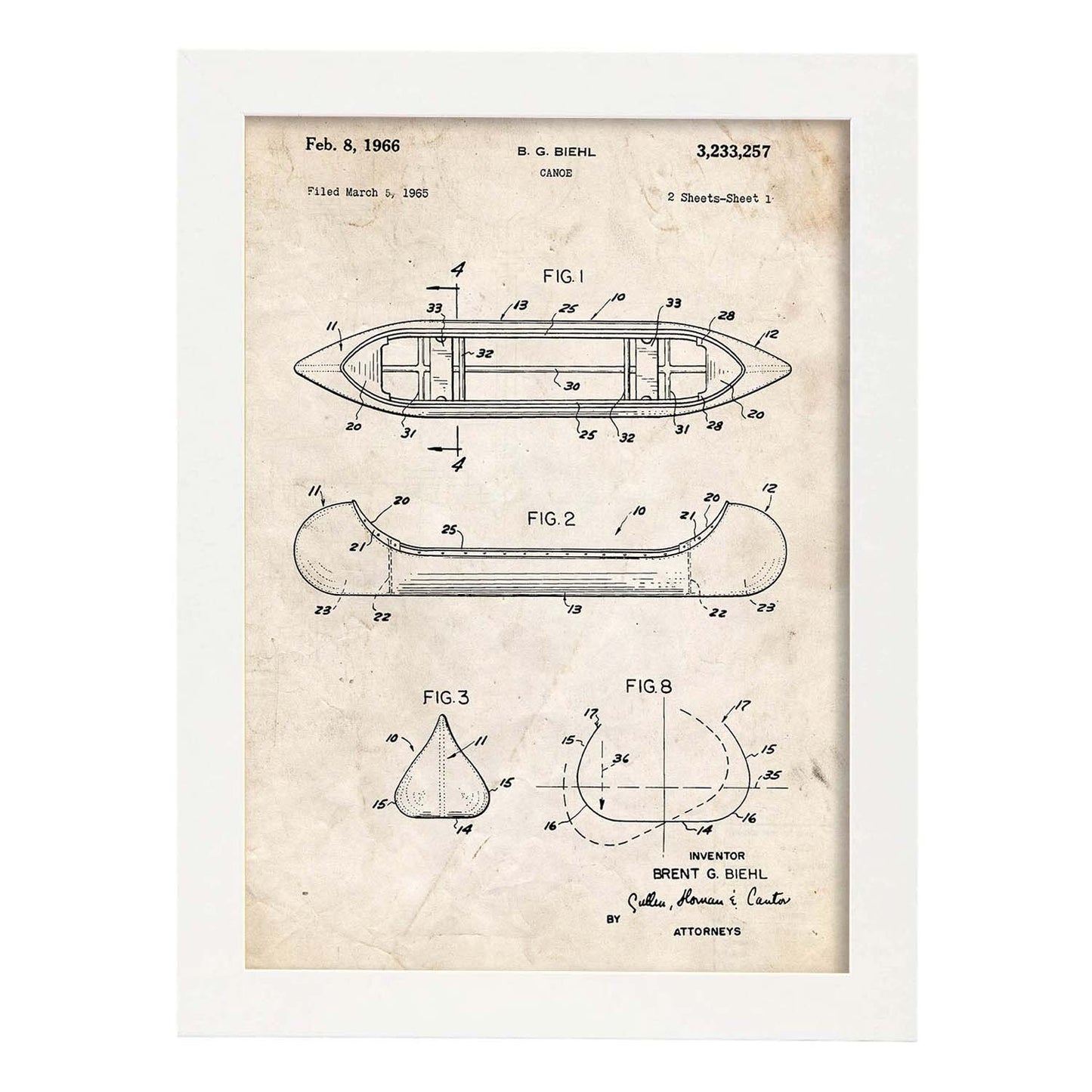 Poster con patente de Canoa 1. Lámina con diseño de patente antigua.-Artwork-Nacnic-A4-Marco Blanco-Nacnic Estudio SL