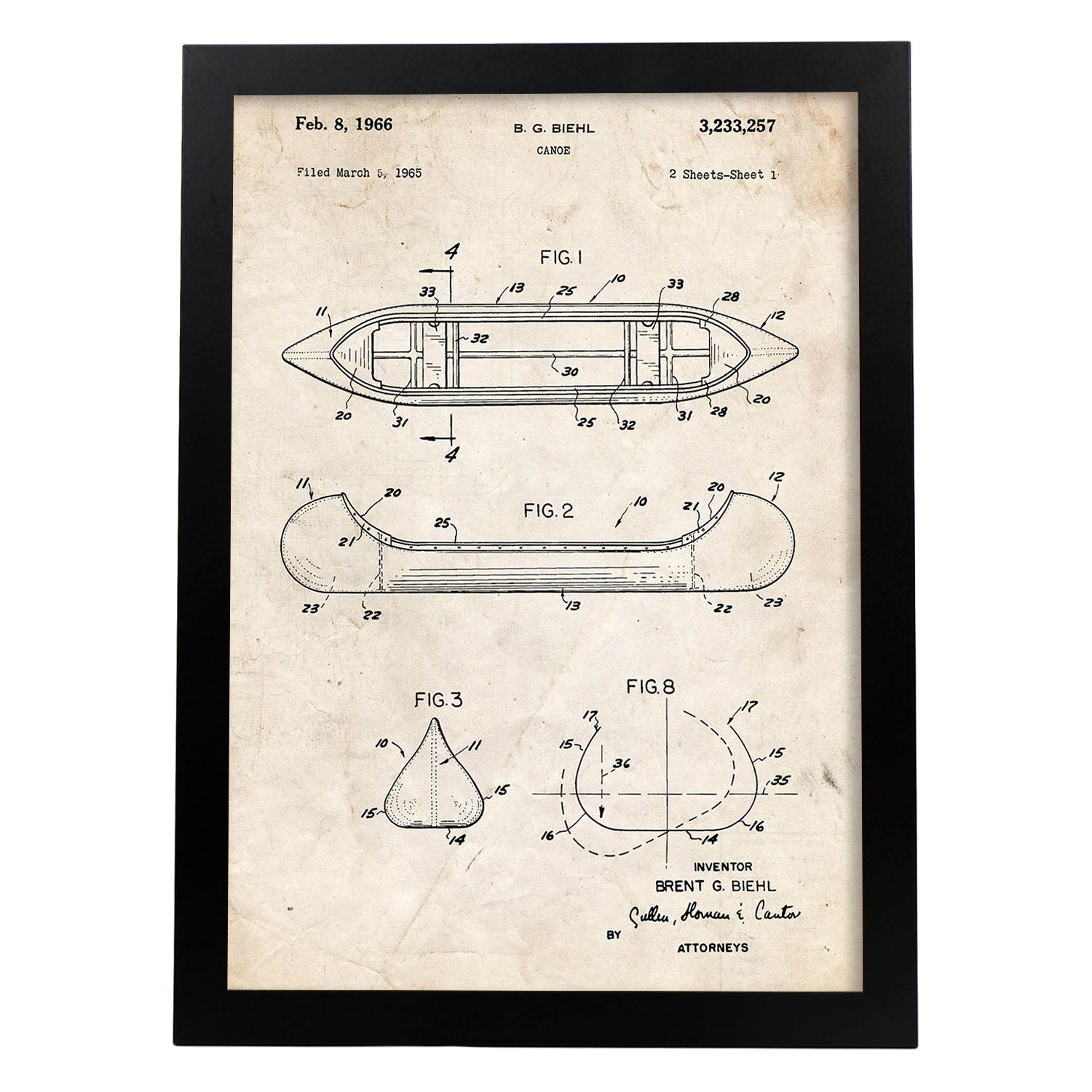 Poster con patente de Canoa 1. Lámina con diseño de patente antigua.-Artwork-Nacnic-A4-Marco Negro-Nacnic Estudio SL