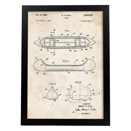Poster con patente de Canoa 1. Lámina con diseño de patente antigua.-Artwork-Nacnic-A4-Marco Negro-Nacnic Estudio SL