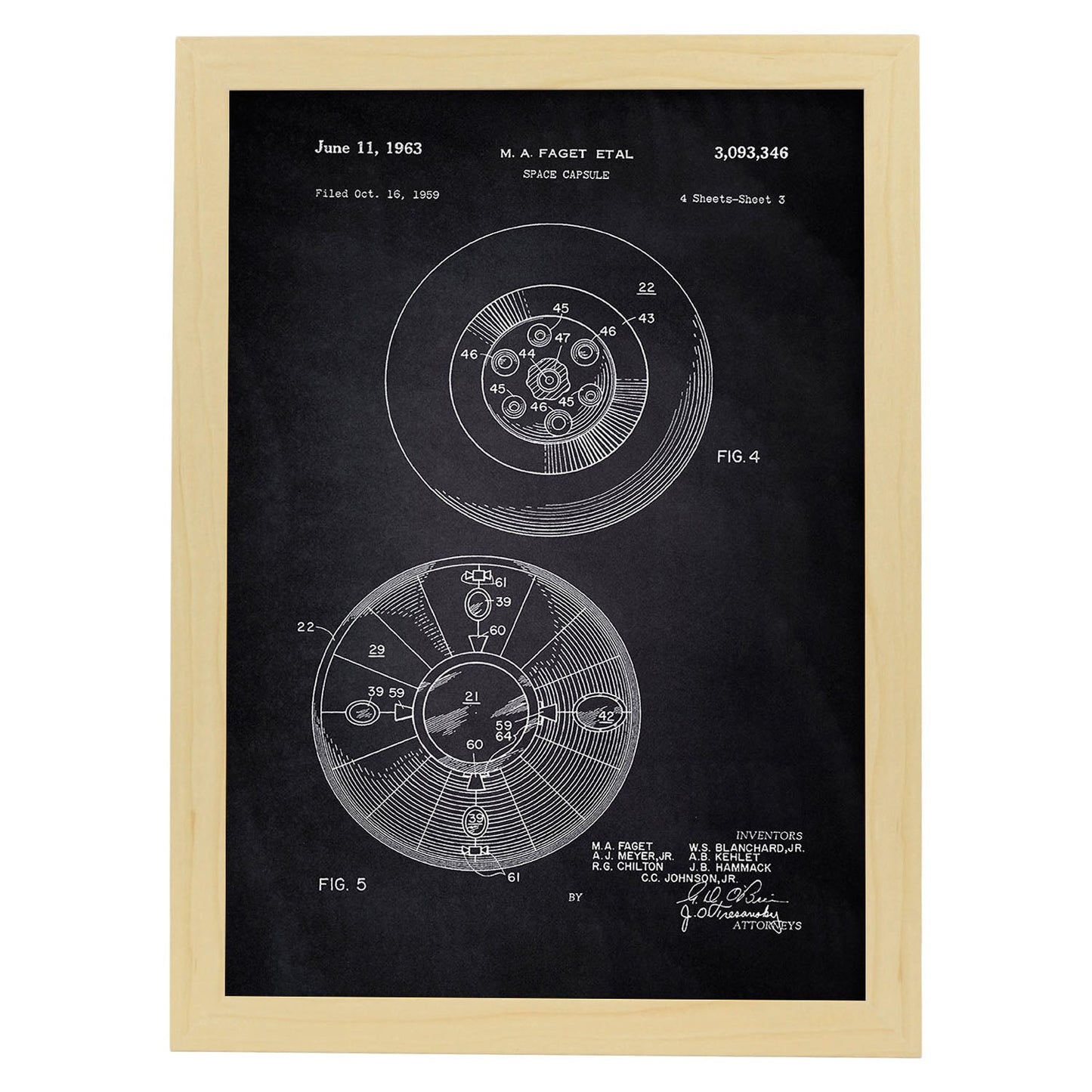 Poster con patente de Capsula espacial 2. Lámina con diseño de patente antigua-Artwork-Nacnic-A3-Marco Madera clara-Nacnic Estudio SL