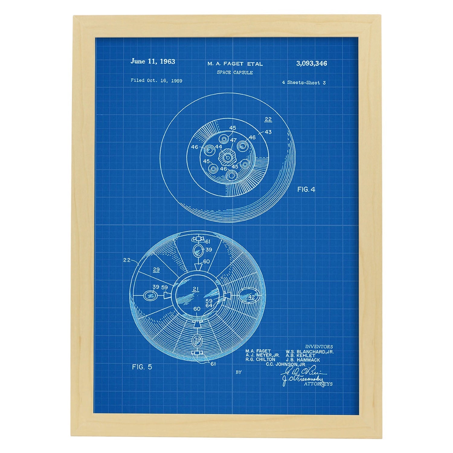 Poster con patente de Capsula espacial 2. Lámina con diseño de patente antigua-Artwork-Nacnic-A3-Marco Madera clara-Nacnic Estudio SL