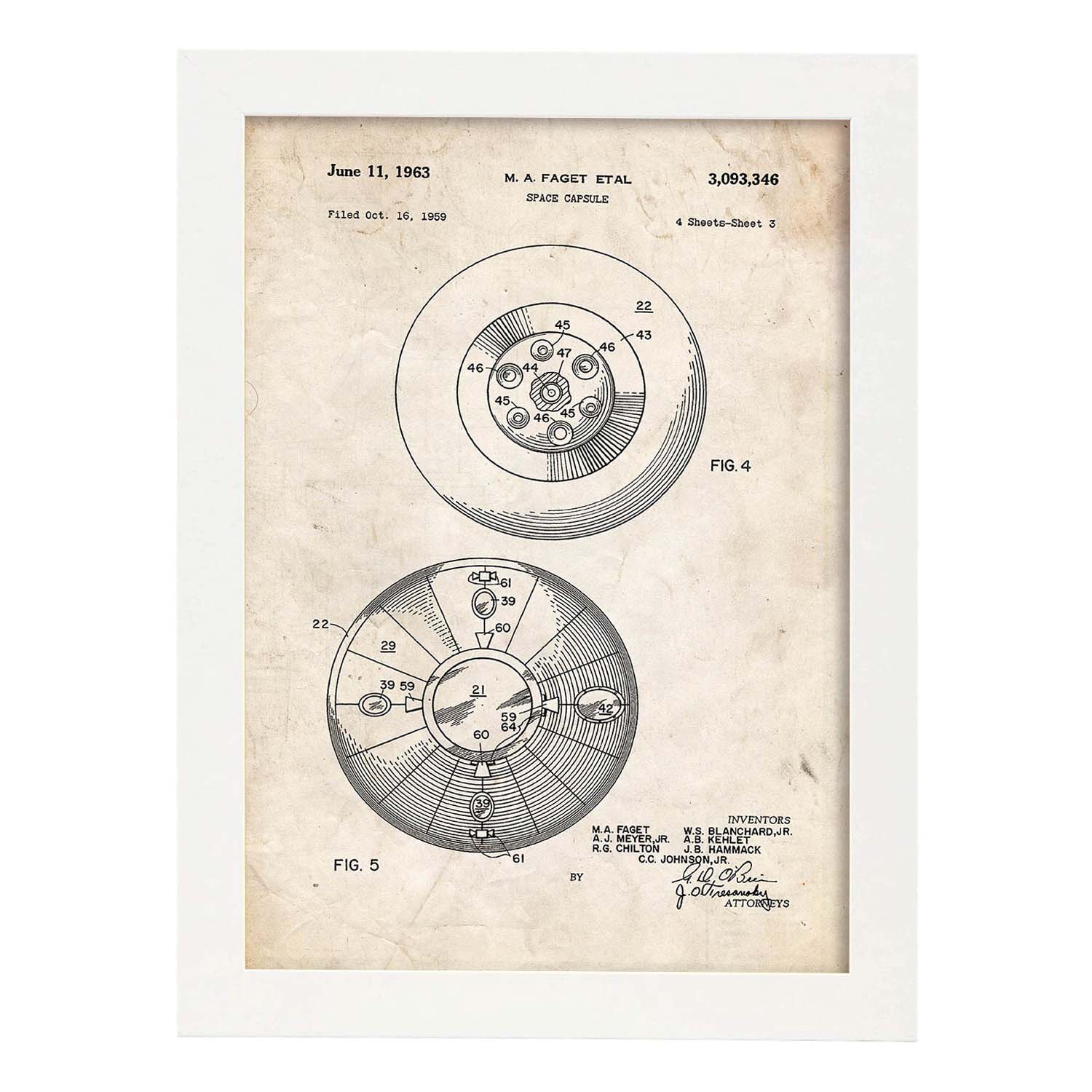Poster con patente de Capsula espacial 2. Lámina con diseño de patente antigua.-Artwork-Nacnic-A3-Marco Blanco-Nacnic Estudio SL