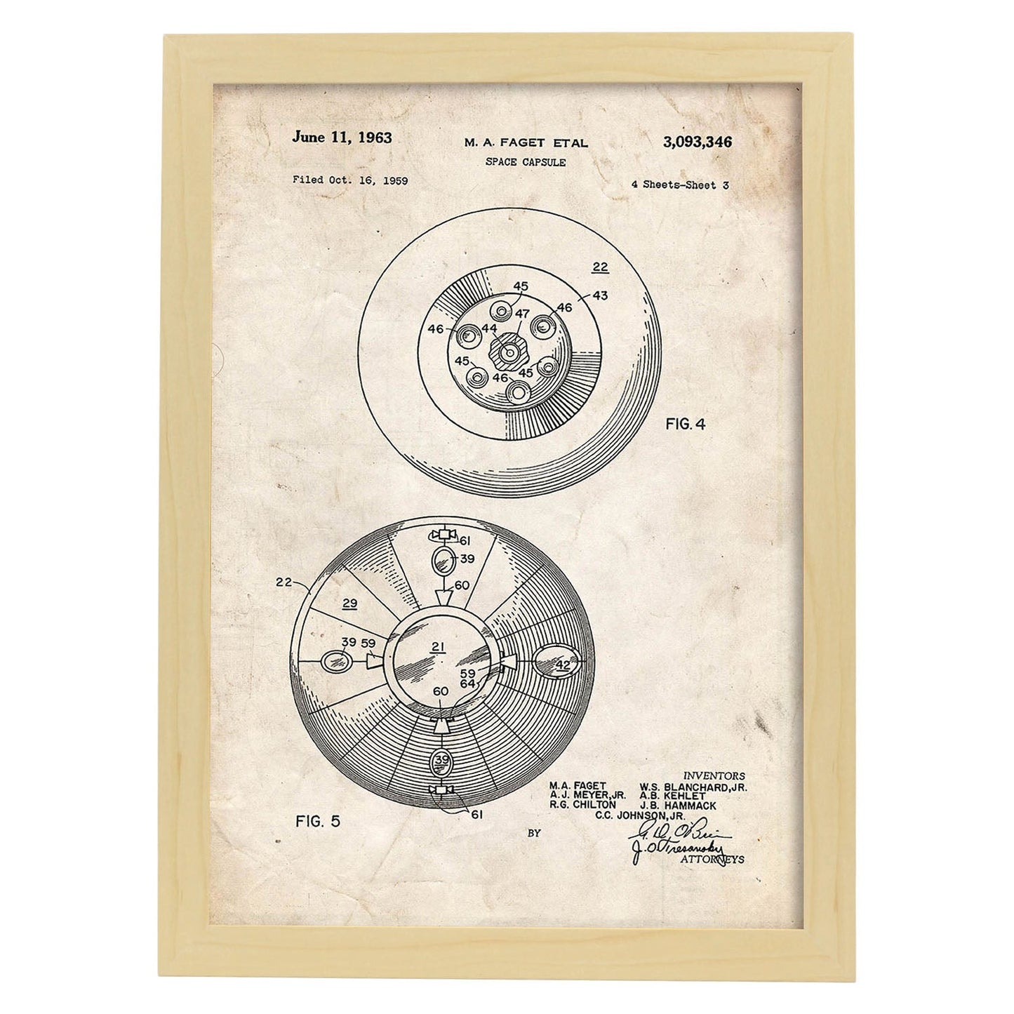 Poster con patente de Capsula espacial 2. Lámina con diseño de patente antigua.-Artwork-Nacnic-A3-Marco Madera clara-Nacnic Estudio SL