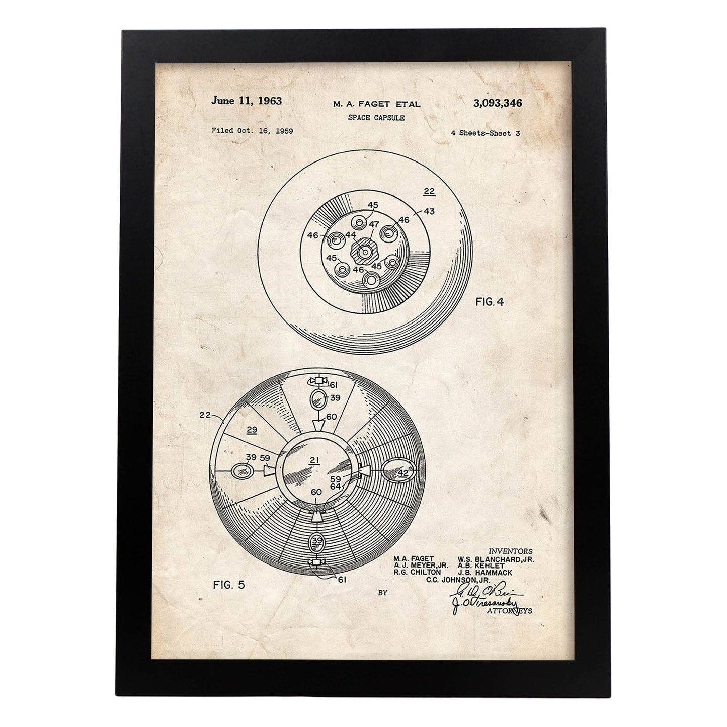 Poster con patente de Capsula espacial 2. Lámina con diseño de patente antigua.-Artwork-Nacnic-A3-Marco Negro-Nacnic Estudio SL