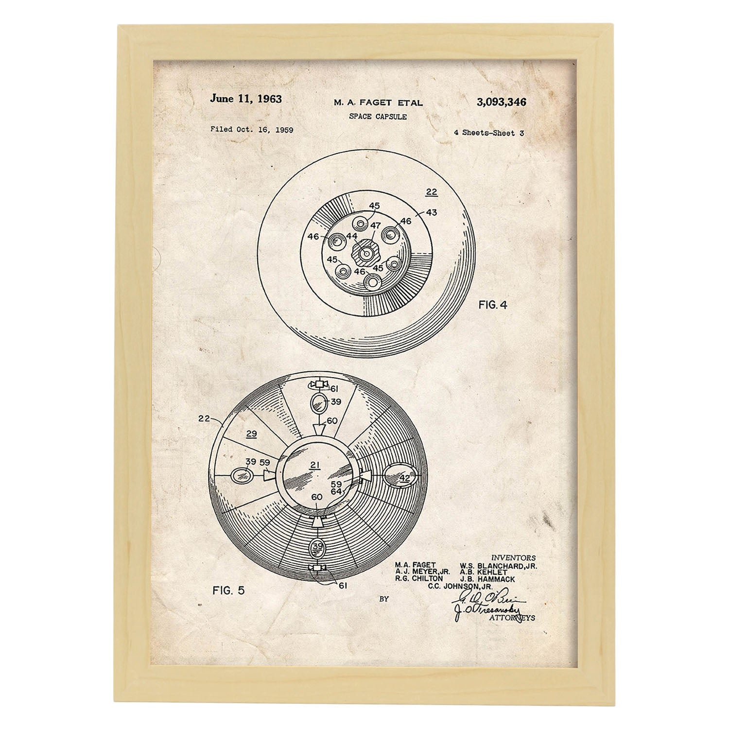 Poster con patente de Capsula espacial 2. Lámina con diseño de patente antigua.-Artwork-Nacnic-A4-Marco Madera clara-Nacnic Estudio SL