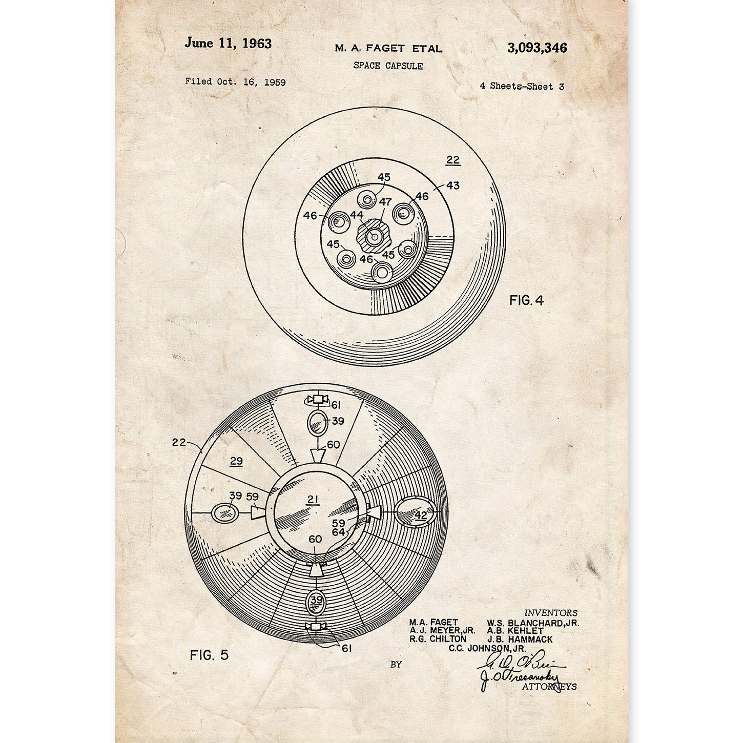 Poster con patente de Capsula espacial 2. Lámina con diseño de patente antigua.-Artwork-Nacnic-A4-Sin marco-Nacnic Estudio SL