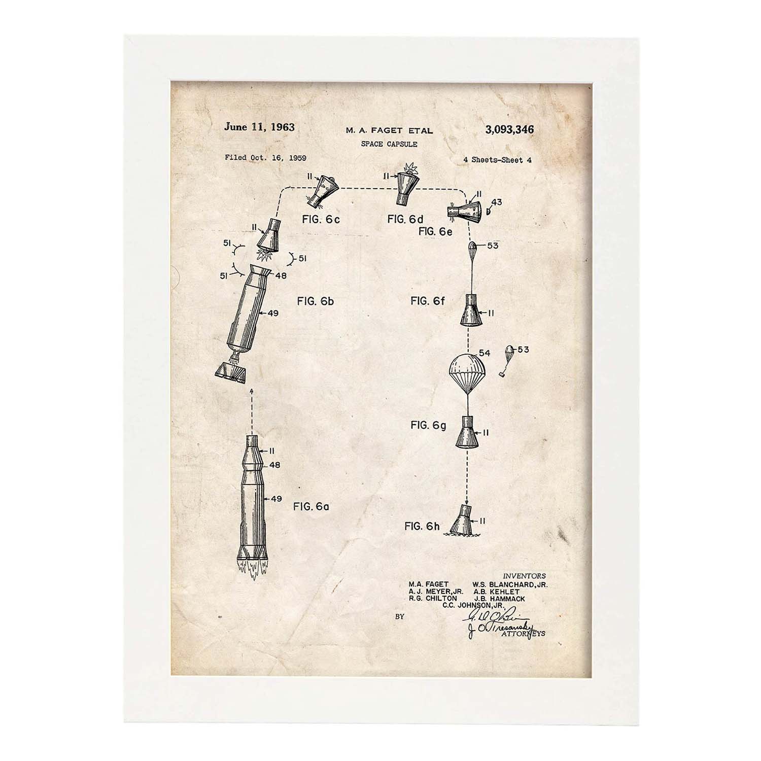 Poster con patente de Capsula espacial 3. Lámina con diseño de patente antigua.-Artwork-Nacnic-A3-Marco Blanco-Nacnic Estudio SL