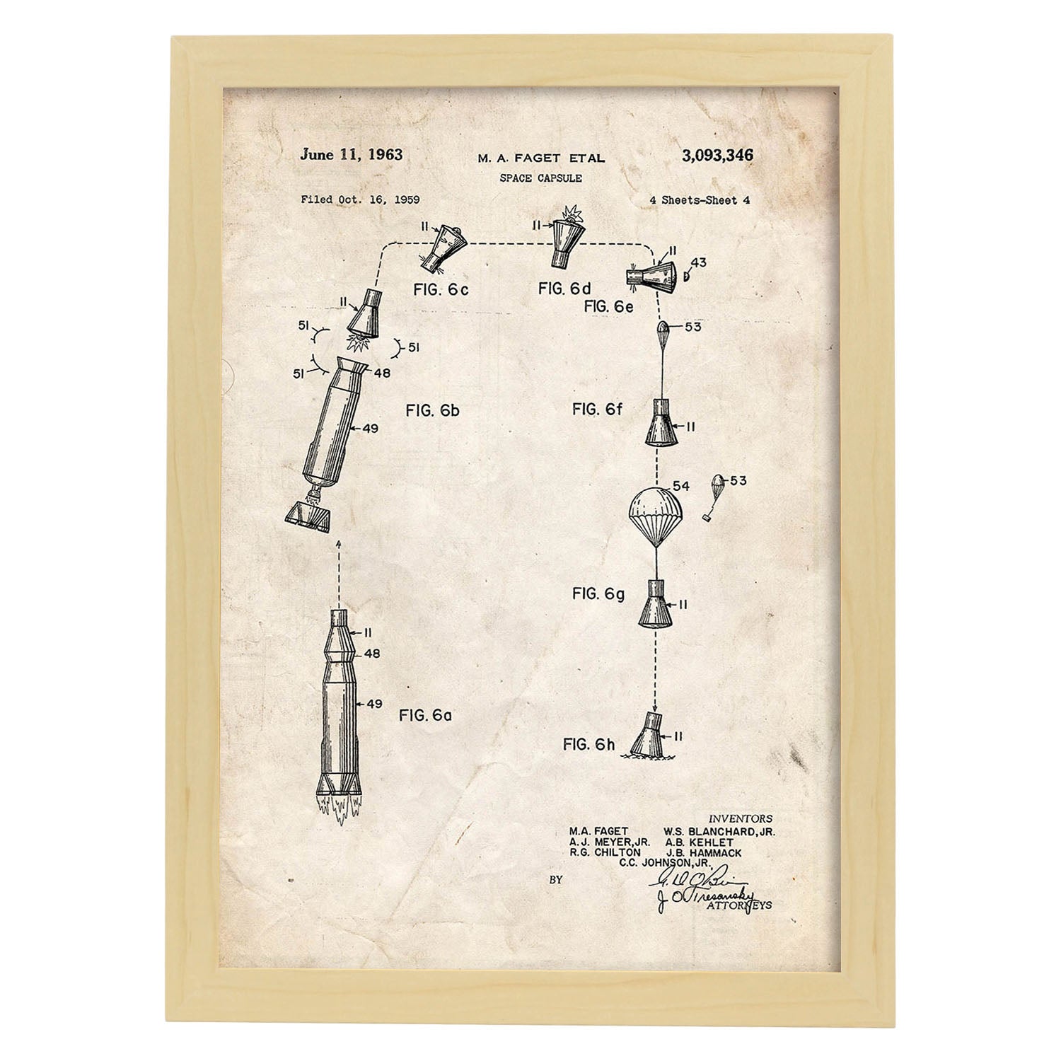 Poster con patente de Capsula espacial 3. Lámina con diseño de patente antigua.-Artwork-Nacnic-A3-Marco Madera clara-Nacnic Estudio SL