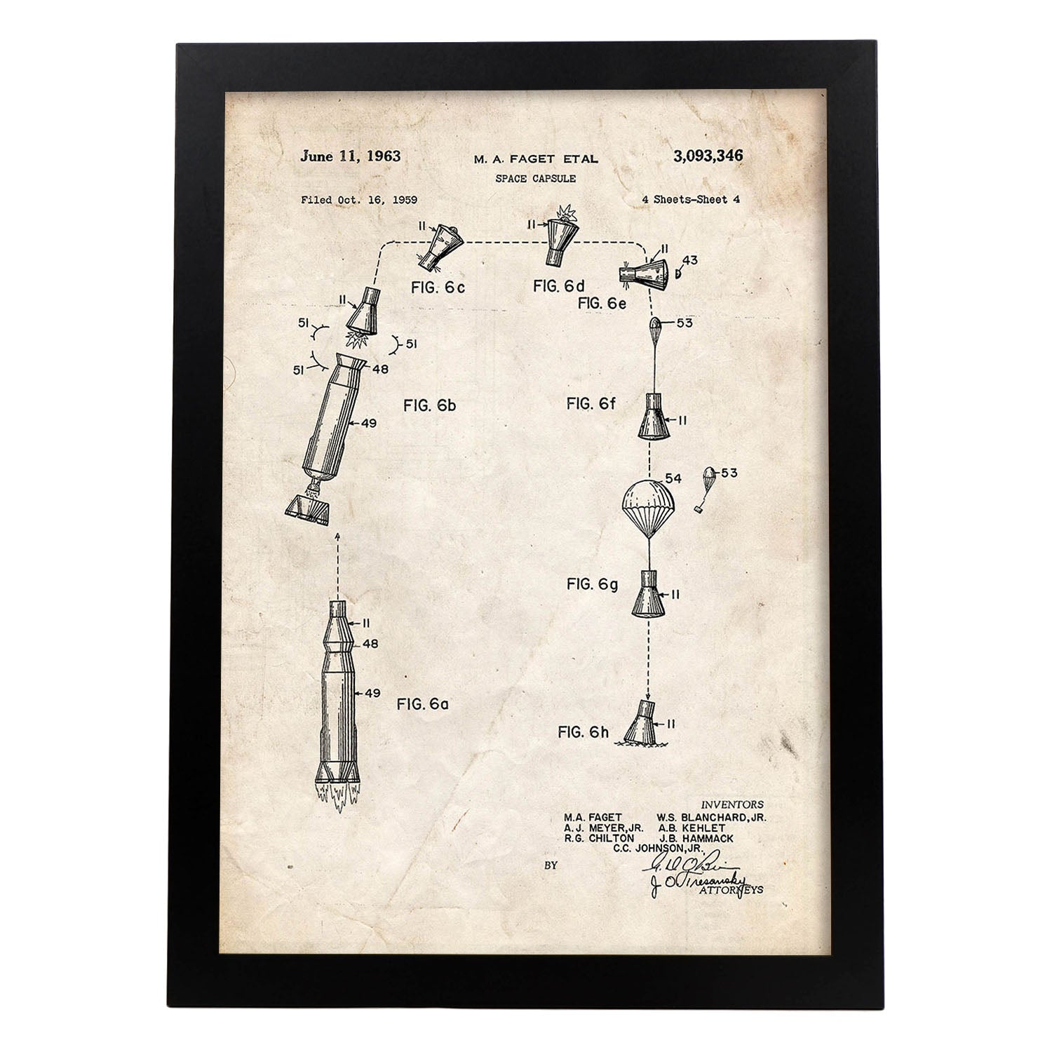 Poster con patente de Capsula espacial 3. Lámina con diseño de patente antigua.-Artwork-Nacnic-A3-Marco Negro-Nacnic Estudio SL