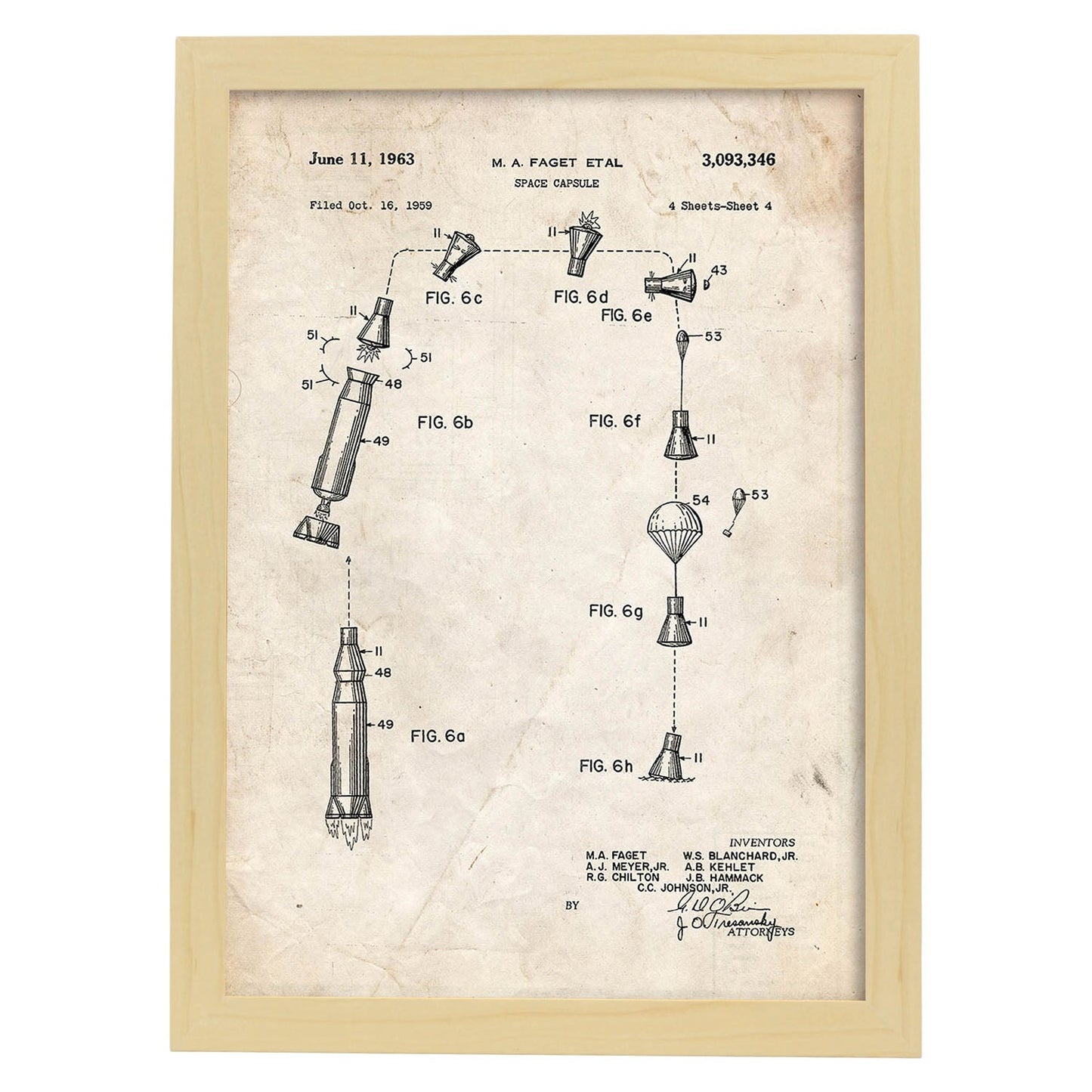Poster con patente de Capsula espacial 3. Lámina con diseño de patente antigua.-Artwork-Nacnic-A4-Marco Madera clara-Nacnic Estudio SL