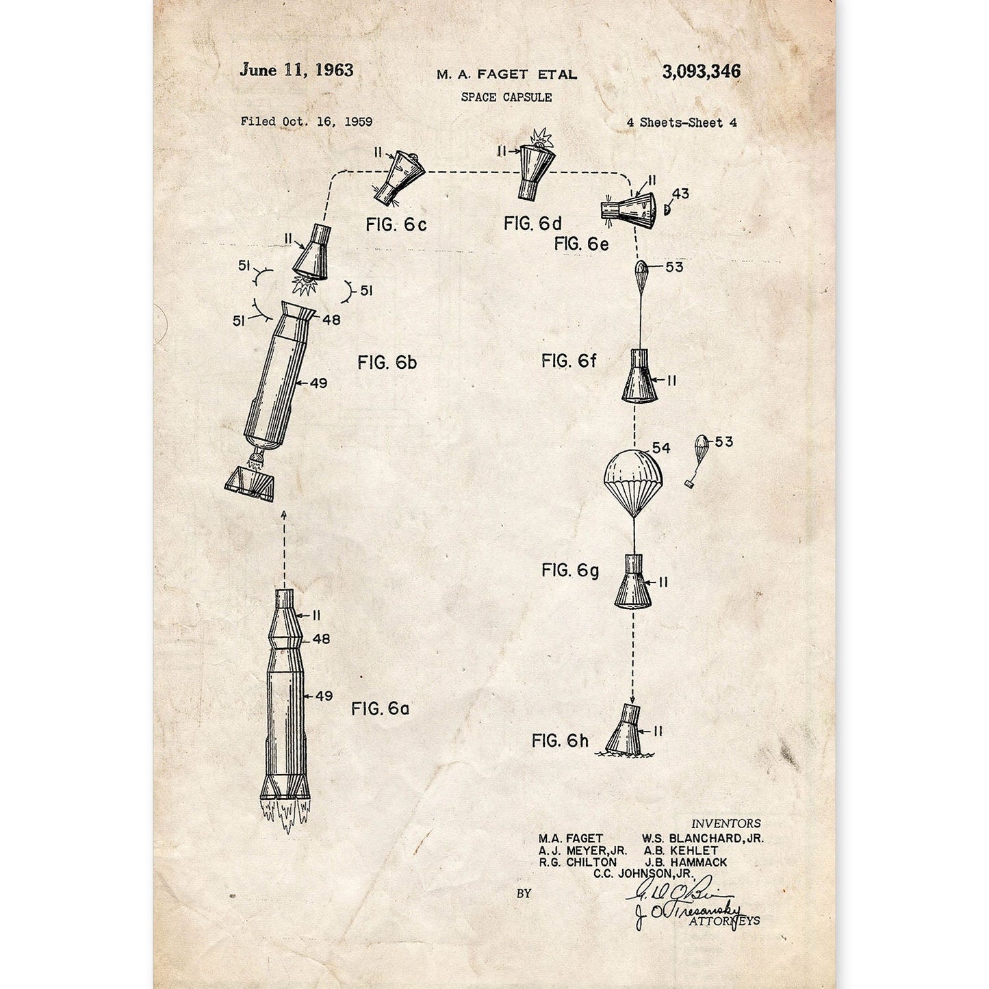 Poster con patente de Capsula espacial 3. Lámina con diseño de patente antigua.-Artwork-Nacnic-A4-Sin marco-Nacnic Estudio SL