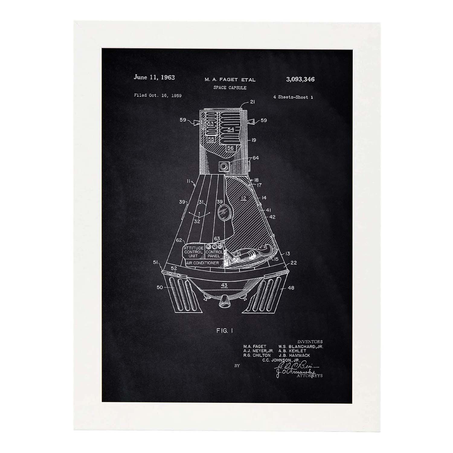 Poster con patente de Capsula espacial. Lámina con diseño de patente antigua-Artwork-Nacnic-A3-Marco Blanco-Nacnic Estudio SL